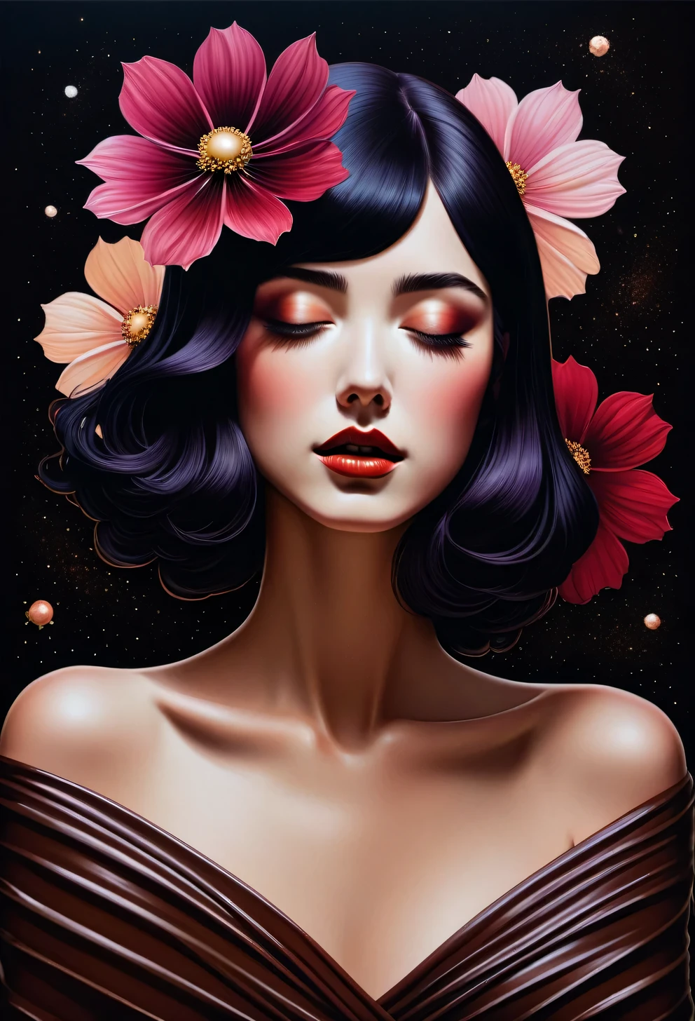 técnica de claroscuro en la sensual ilustración de un elegante , retro y vintage ,Cosmos de chocolate (Cosmos atrosanguineo) alrededor del cuerpo, pintura mate, por Hannah Dale, por Harumi Hironaka, colores extremadamente suaves, vibrante, pastel, muy detallado, Obras de arte digitales, alto contraste, dramático, refinado, tonal, proporción áurea,