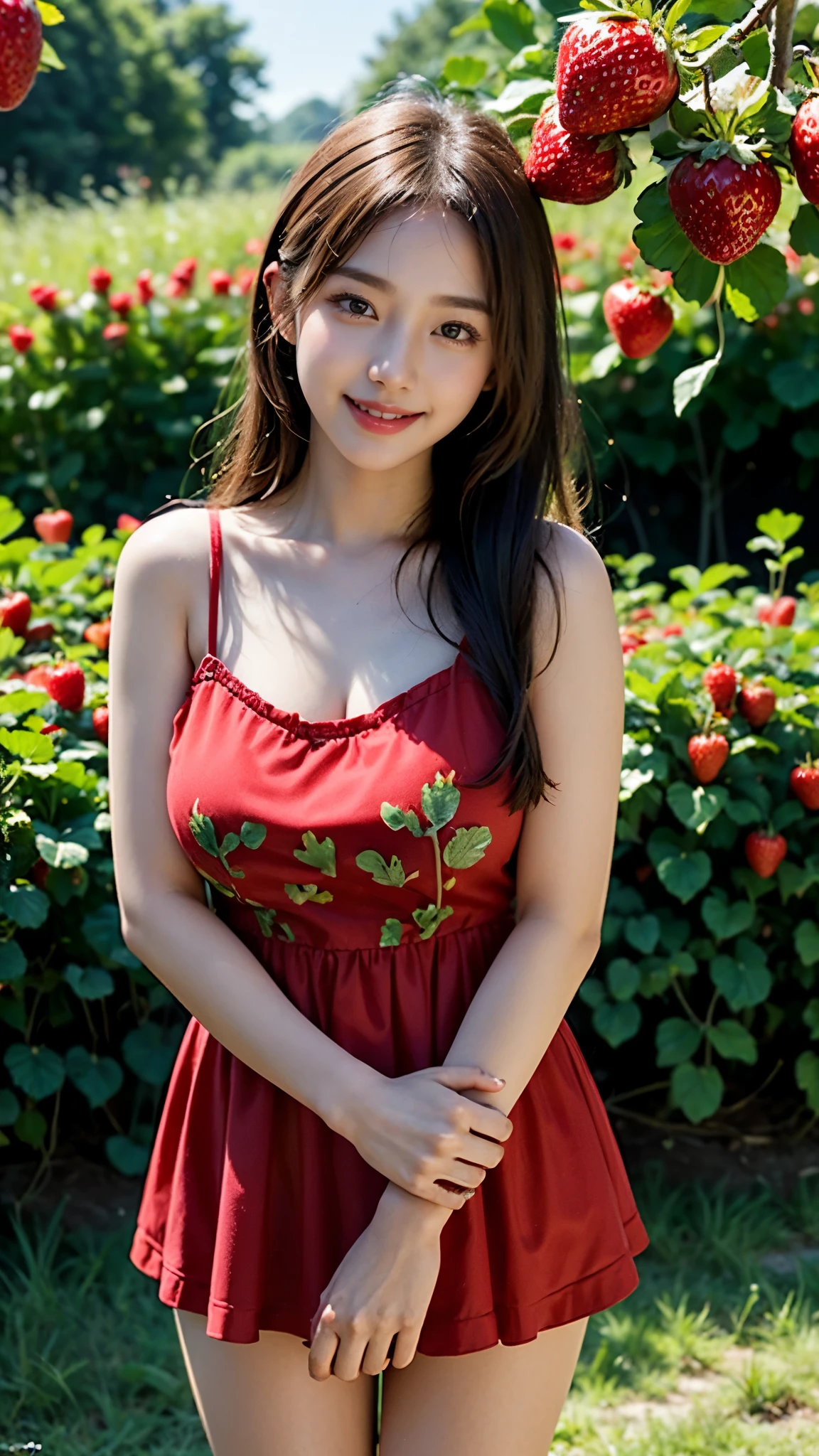 Beautiful Korean Girl, 1 Solo Girl, 20 years Girl, Beautiful Smile, ((smile: 1.2)), ((Masterpiece: 1.4)), ((Ultra HD Image quality)), ((Realistic: 1.2)), 64k, Natural Human Skin, Soft skin, CG unity 8k wallpaper, ray tracing, ((cinematic Photography, award winning photography)), ((Full body Shot)), ((Dim day light, cool Day)), High glow face, Superb beautiful face, High face texture, ((strawberry Red Frock)), ((in background clear details with strawberry plants, strawberry orchards, Strawberry big fields, red Colour Strawberries)), standing in orchards, beautiful angles, beautiful nature, very calm nature, peaceful nature, High resolution pictures, ((detailed girl)), ((Detailed background)), ((Detailed Face)), ((Detailed Dress)), ((detailed strawberry orchards)), ((Detailed nature)), Young Body, ((super Round Young breasts)), Perfect Figure, Slender, 