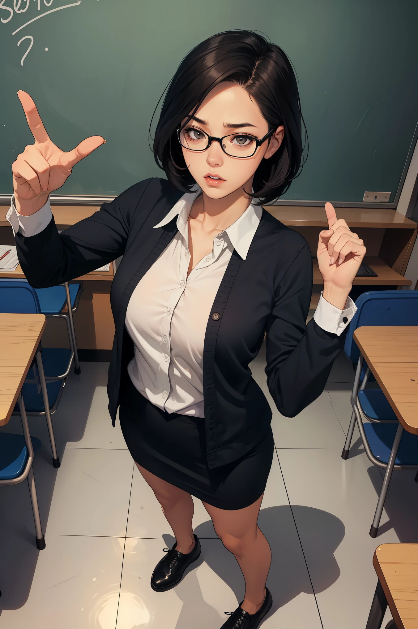 1 fille, Cheveux courts bruns, Lunettes, énorme poitrine, porter une chemise blanche à manches longues, jupe crayon noire, Chaussures noires, en colère, fou, déçu, Pointer vers le spectateur, debout dans la classe, 