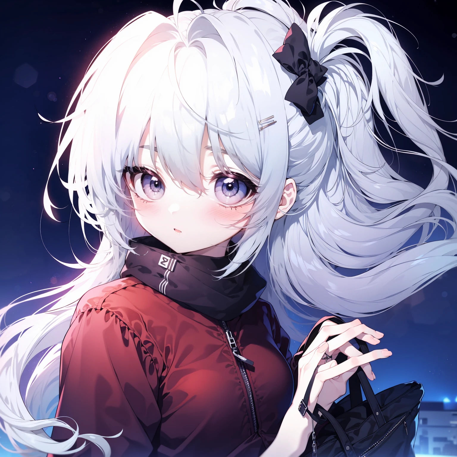 White Hair，Girl，KHD，4K，Expressionless face，Anime Style，profile，Night sky background, Casual Fashion, ((Three white eyes)),soro,1girl,Best quality,