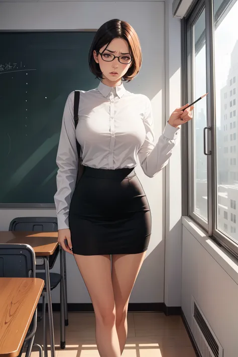 1 girl, brown short hair, glasses, huge breast, wearing long sleeve white shirt, pencil black skirt, black shoes, angry, mad, di...