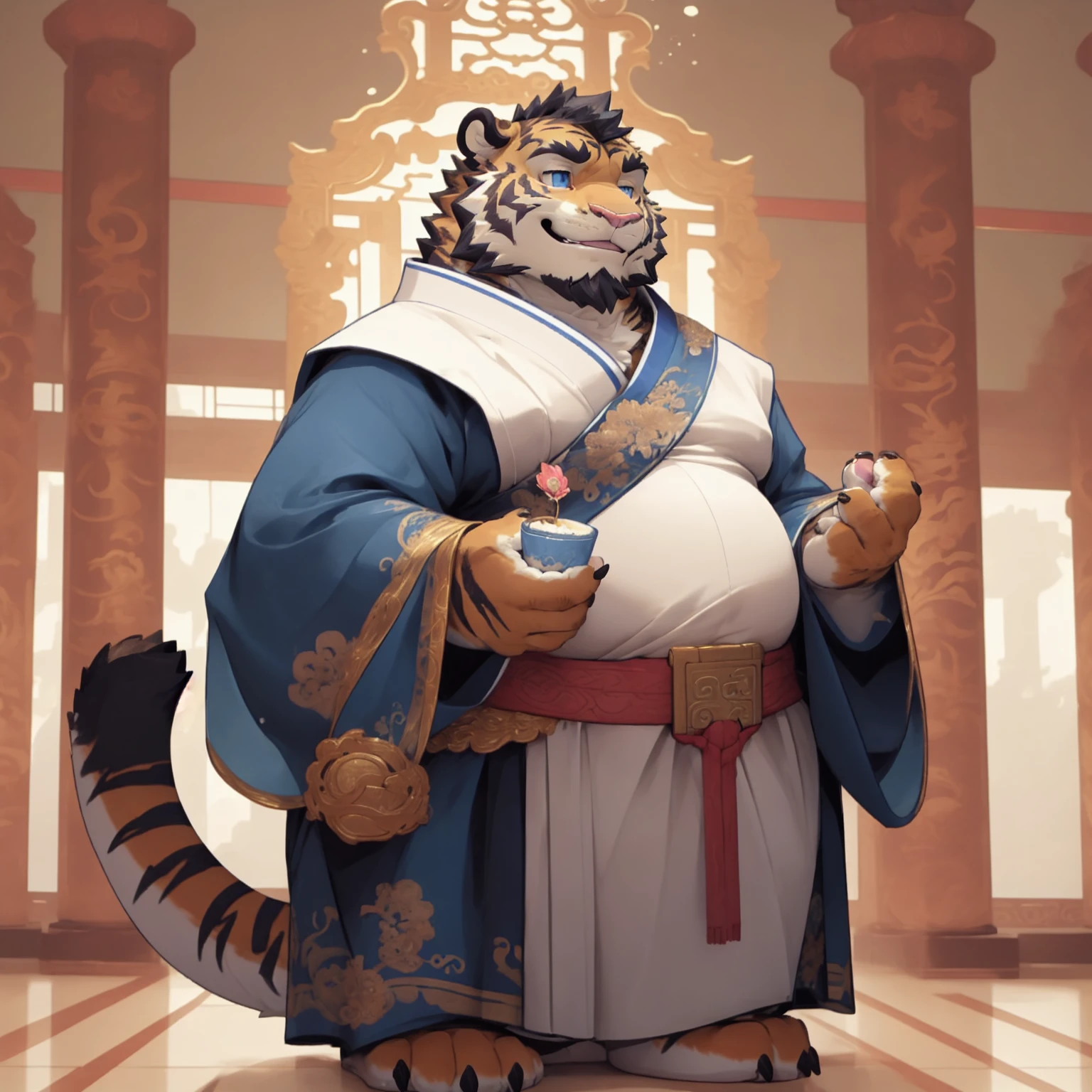 New Jersey 5 Furry,Tiger，portrait，Exquisite， Chubby，Fat，Thick arms，Rugged muscles，plush fur，Chubby Face，Black eyebrows，Sky blue eyes，Beard，Chinese style，Royal Palace，indoor，emperor，dragon robe，Emperor crown，emperor costume，front，Standing，Smile