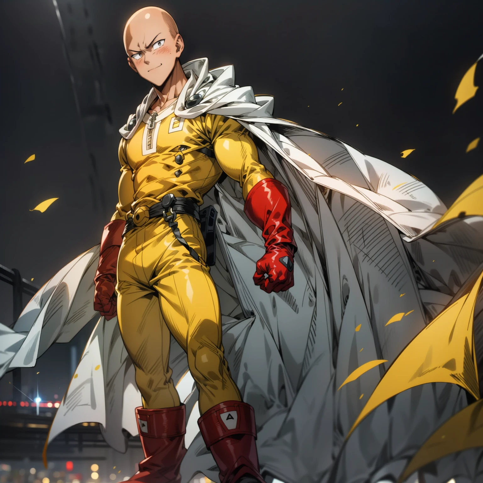 masterpiece, best quality, 1boy, (saitama), bald hair, black eyes,  blue boot, red gloves, yellow clothes, white cape, standing, smiling, angry face, aura power, night, natural light,standing, angry eyes,  smiling, male focus, strong muscles, movie composition, deth of field, bokeh, (futuristic), (full body),