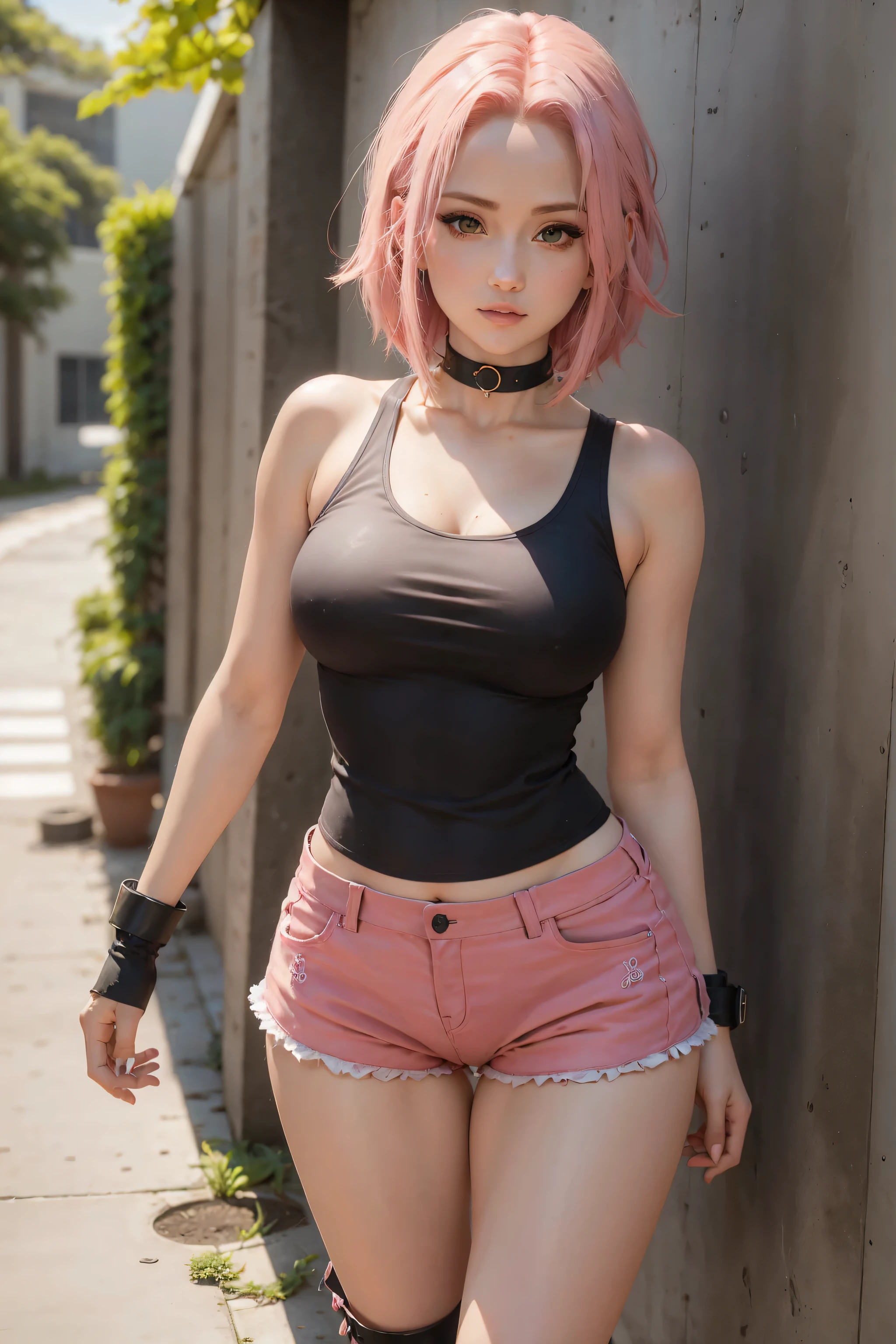 mulheres bonitas sakura haruno seu cabelo rosa, Seus olhos verdes, ela com fato de banho seios muitos grades, sagging panties, coxas rabo grade, STANDING , botas da tropa pretas, de costas , inclinada para a frente a olhar para traz,