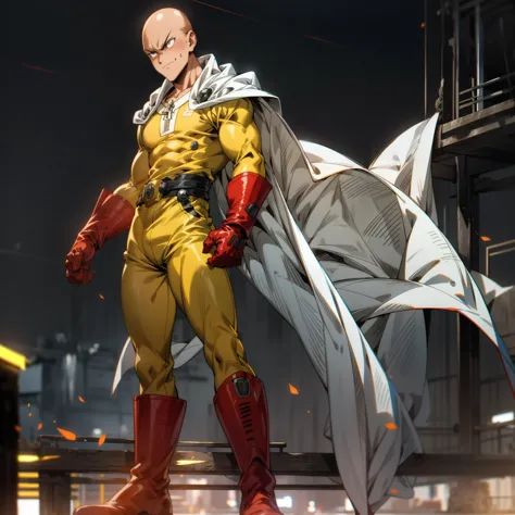 masterpiece, best quality, 1boy, (saitama), bald hair, black eyes,  blue boot, red gloves, yellow clothes, white cape, standing,...