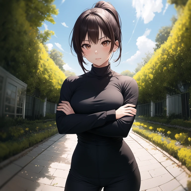 (masterpiece,isometric, best quality:1.11),akiraga,1girl,solo,(muscular:1.1),medium breasts,in a botanical garden,(crossed arms),brown hair,ponytail,(pretty beautiful outgoing face),(detailed symmetrical brown eyes:0.9),up sleeve,(fisheye:1.1),absurdres,