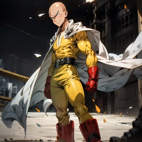 masterpiece, best quality, 1boy, (saitama), bald hair, black eyes, blue boot, red gloves, yellow clothes, white cape, standing, ...