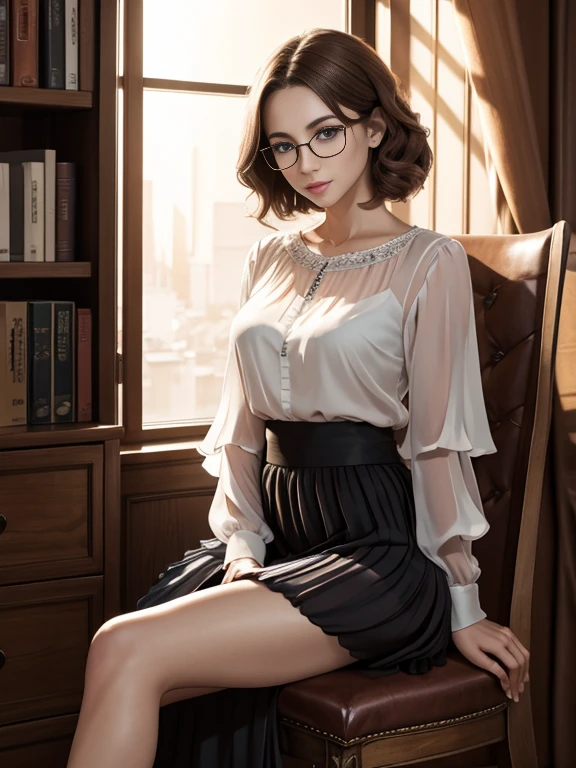 (Realistic、High resolution:1.3),alone, One Girl, masterpiece, highest quality, Very detailed, Cinema Lighting, Intricate details, High resolution, Official Art, Beautifully detailed face and eyes, High resolutionのイラスト, 8k, (Short Chignon Hair), Ash Brown Hair:1.3, Very thin body, ((Chiffon long skirt、Chiffon blouse:1.3)) 、Single Blade, blue eyes, Glasses, Crossing your legs, Sit on a chair, patterned high heels,Upper Body, Big Breasts, Book_stack, library, ((vine)), Looking at the audience