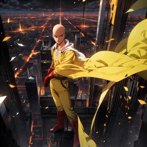 masterpiece, best quality, 1boy, (saitama), blad head, yellow clothe, black eyes, red gloves, red boots, standing, smiling, angr...