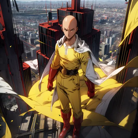 masterpiece, best quality, 1boy, (saitama), blad head, yellow clothe, black eyes, red gloves, red boots, standing, smiling, angr...