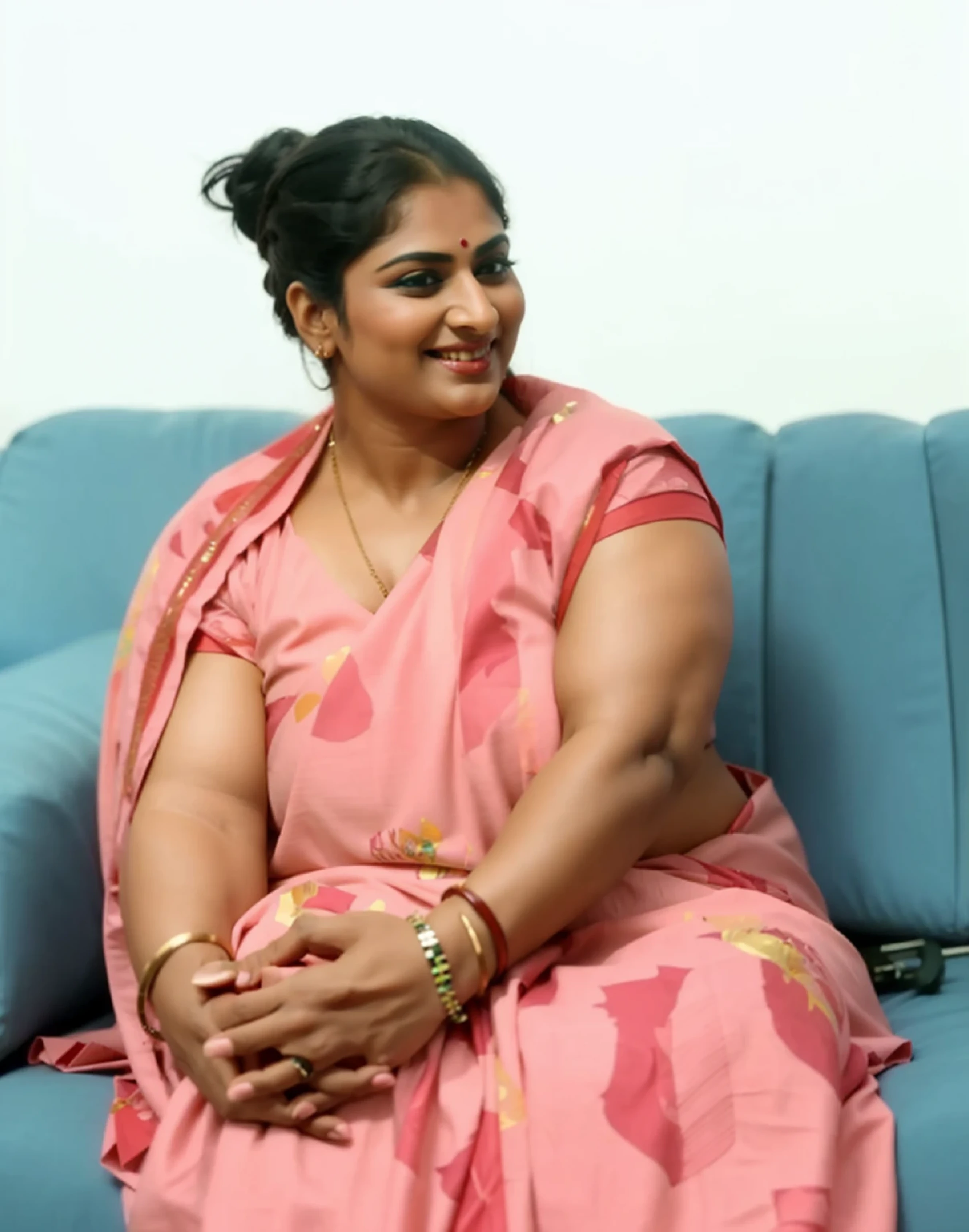 A woman sitting on a blue couch with a pink sari - SeaArt AI