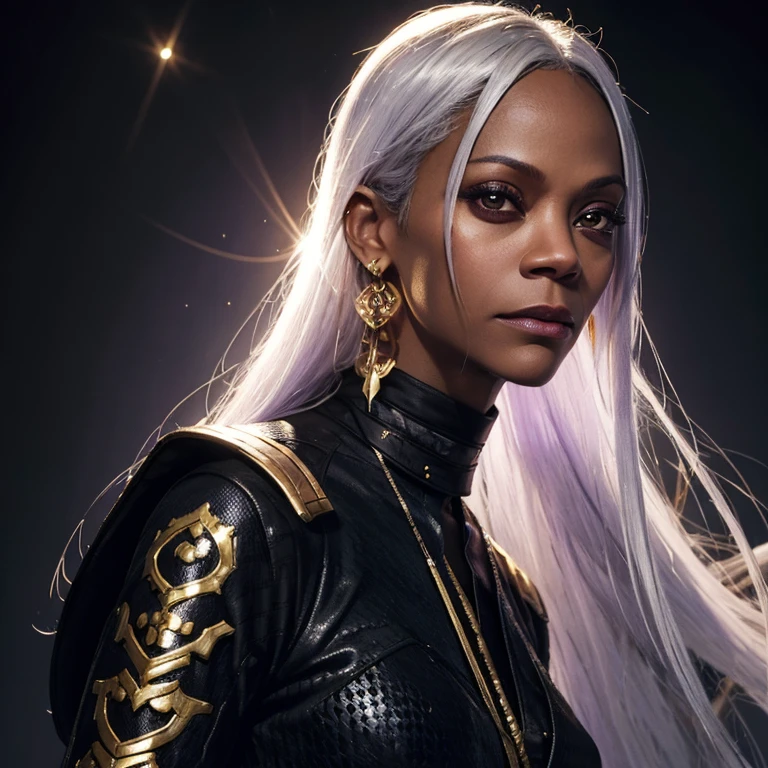 Zoe Saldana, A  with a leash of straight white hair, dark skin, Latin ancestry, purple irises, wearing a black tatical suit with golden threads and wearing golden earrings shaped like snakes. Detailed eyes, detailed face, intricate grunge outfits, cinematic lighting, realistic concept art of strong backlighting.