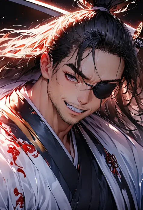 (masterpiece:1.3), (8k、最high quality:1.4), (Japanese Male), Powerful face, (Thick eyebrows), (strong jaws、Stubble), Fearless Smile, He covers his left eye with an eyepatch made from the tsuba of a Japanese sword..., Has long hair in a topknot, Intense blac...