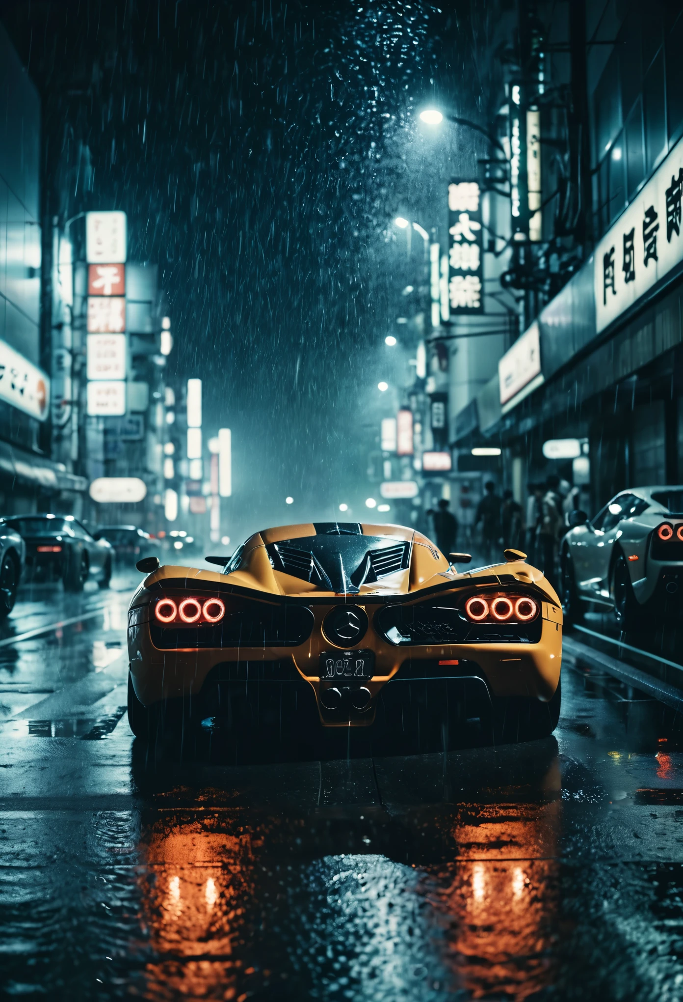 award winning shot from below hypercars racing at night in heavy rain in tokyo in the dark of night making an amospheric heavy scene in the dark, dark scene, dark, film grain, candid camera, color graded cinematic, 1960s vintage RAW photo, 