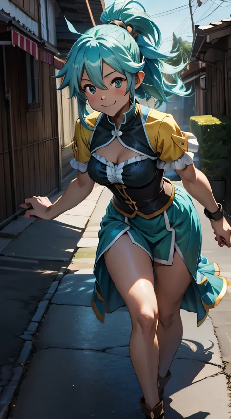 Aqua konosuba smiling, holding a hand can sexy angle, dynamic pose