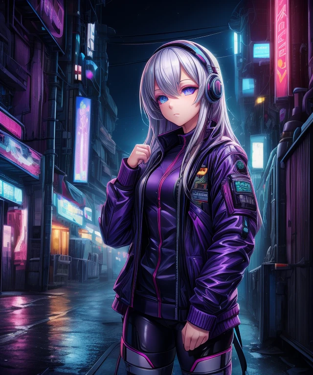 1girl, white hair, long hair, techwear  masterpiece, bestquality, realistic, realism, dark purple jacket, portrait, detailed eyes, wearing headset, platinum hair, 21 year old girl, fashion pose, half body, wide shoot, on the street, cyberpunk