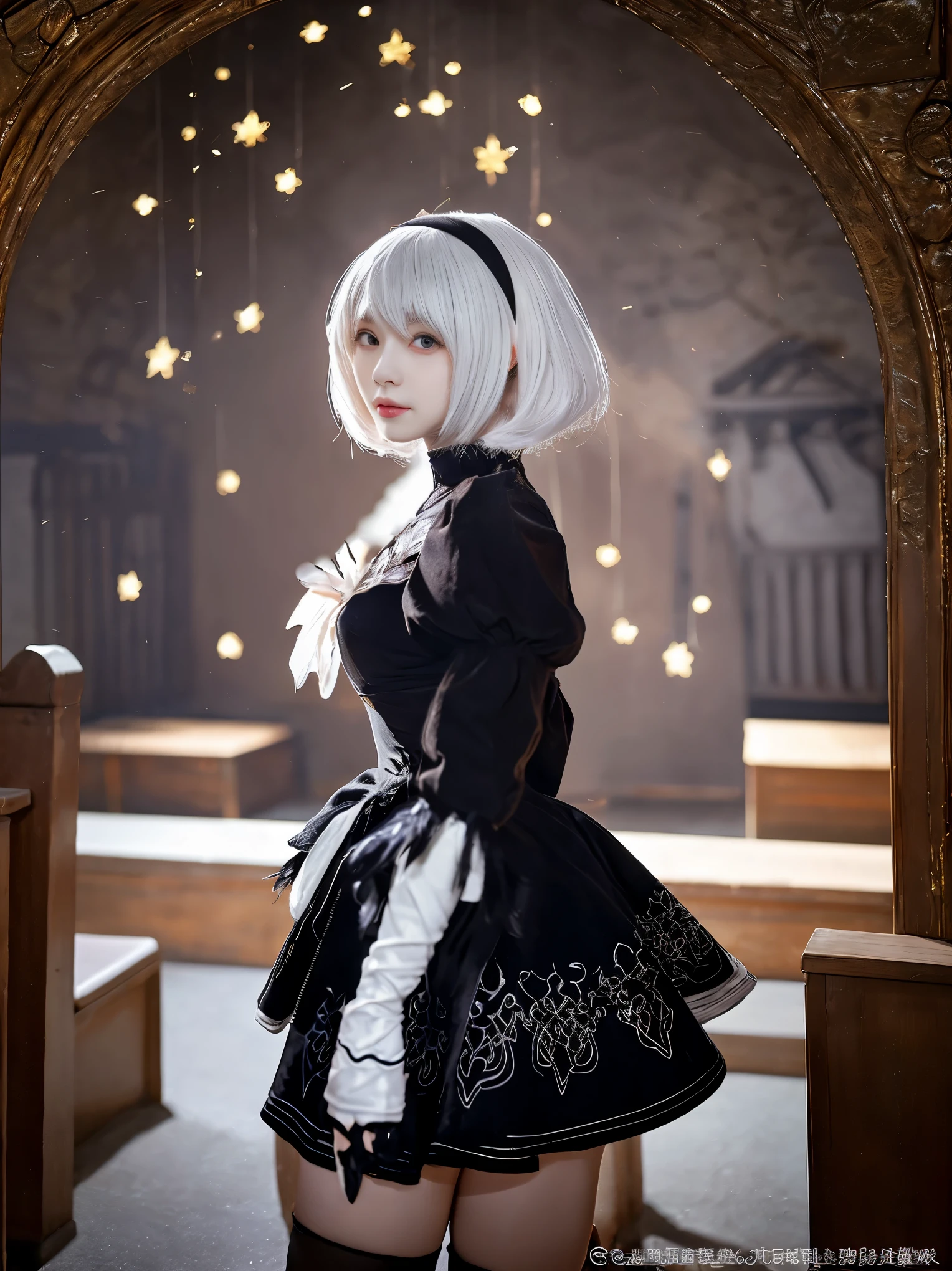 nier:Beautiful cosplay of 2b from Automata、A woman cosplaying as 2b、White skin、tall、21 years old、Englishman、nier:2b&#39;s black costume from Automata、Light background、Fantasy church background、Standing tall in the middle of the church、Shooting from a diagonal angle、masterpiece、highest quality、high resolution、Fantasy、Glare、Anime Cosplay Makeup、Real Cosplay Photo、Cool photos、Full body portrait、handsome pose、Wrapped in a pale white glow、like、happiness、Kindness、Smoothly rendered