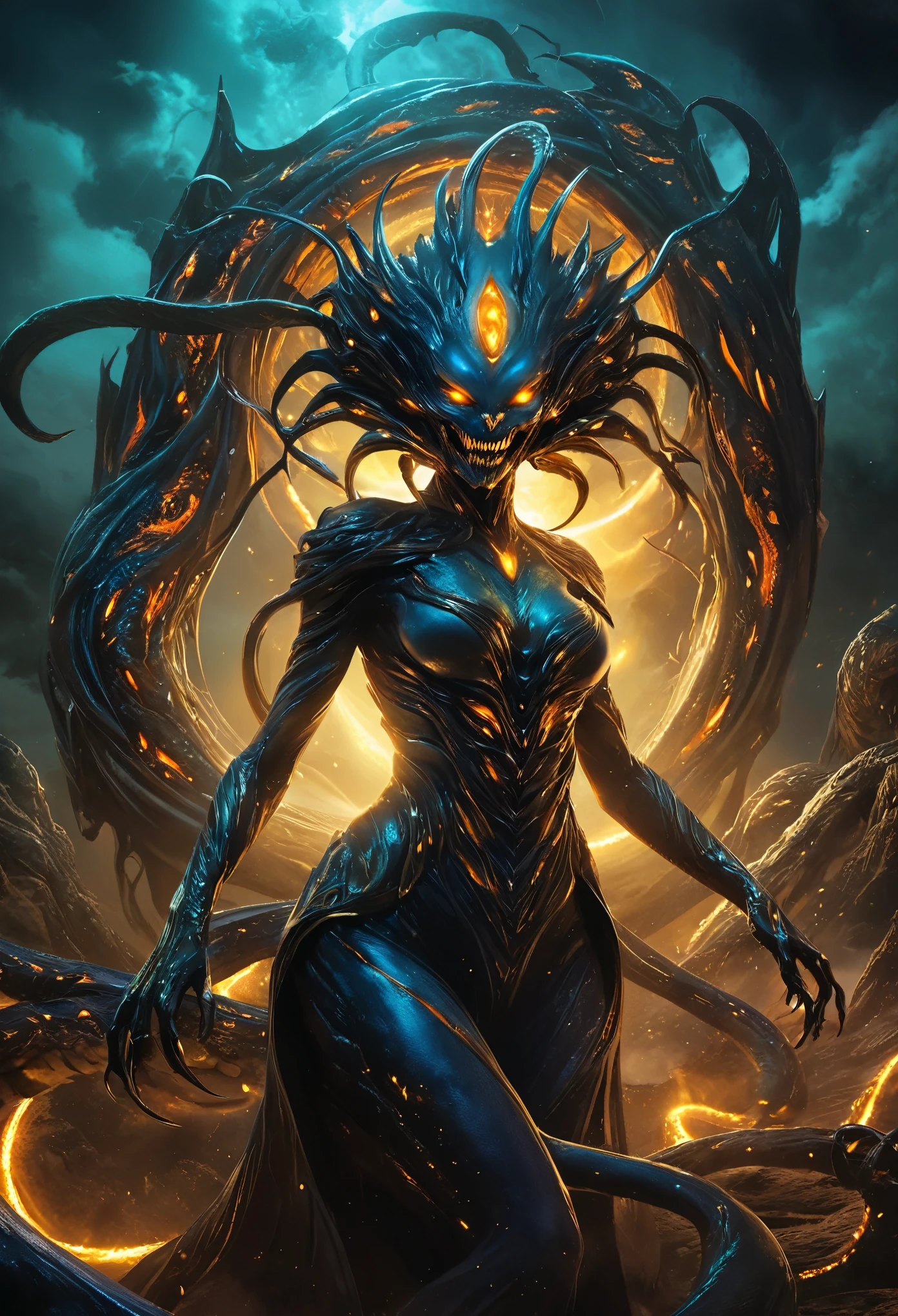 (best quality,highres,ultra-detailed:1.2),terrifying female alien,otherworldly portrait,nightmarish beauty,horrifying gaze,extraterrestrial creature,sharp teeth,glowing eyes,sinister smile,serpentine body,deadly claws,dark atmosphere,alien landscape,ominous lighting,vivid colors,horror,sci-fi,cosmic horror, (NSFW:1.5), a lot of eyes, 