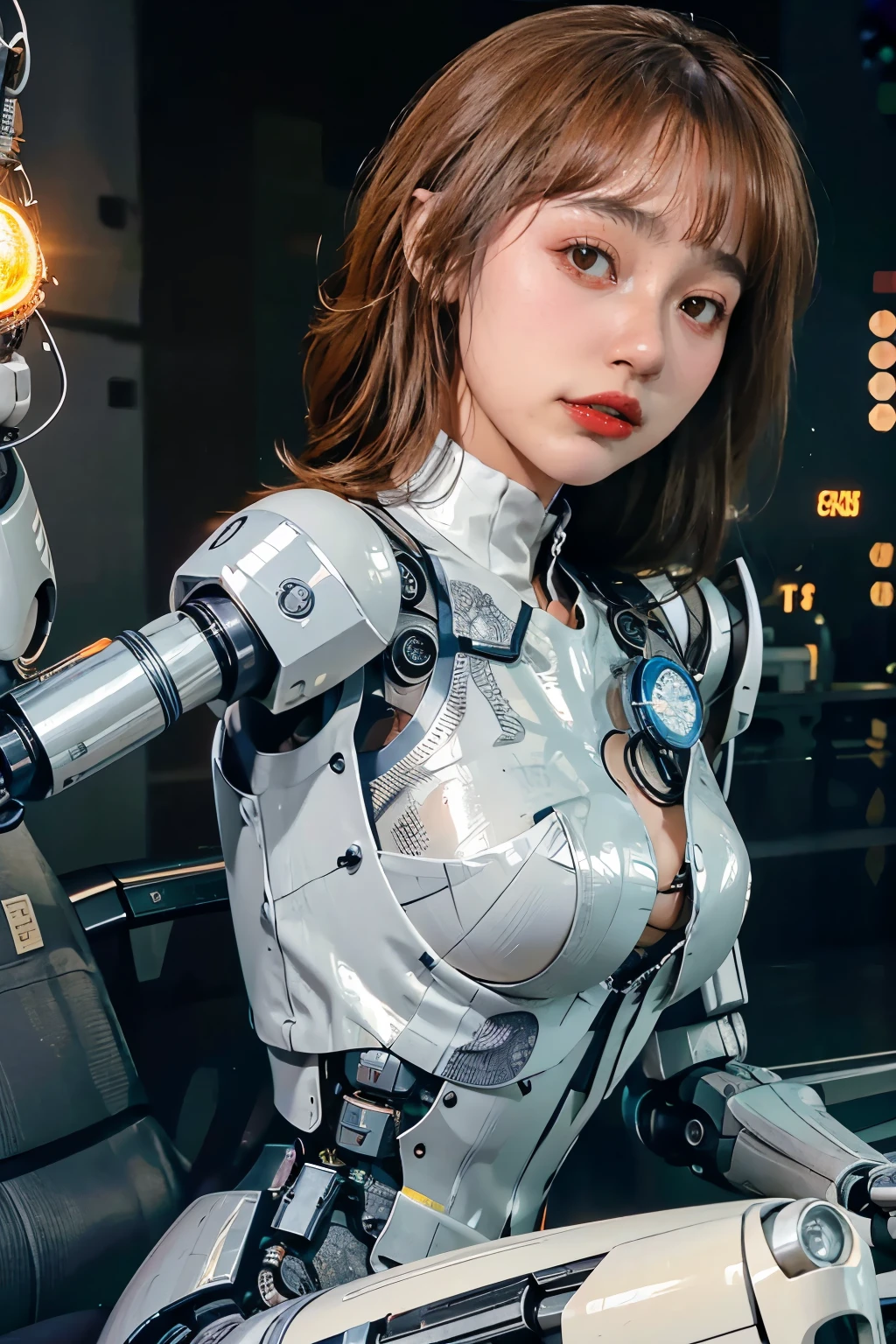 Thaifacemixx, (Photorealsitic:1.4)、((a beauty girl:1.6)), 1 full-body cyborg girl, Nipple, , sixteen years old、NOhumans、((The skin part is only the face)), Luminous Eyes、((Lots of split metal chest protectors)), Metal Robot、((The whole body is the body of a combat robot))、((Body parts are robot parts:1.8))、((The internal mechanisms of the chest are exposed)), ((Mechanical chest armor with LED indicators and meters)), Robot arms and legs、((Exposed metal skeleton of the abdomen))、Metal skeleton of the cervical region、Under repair、destroyed body、Metal Mechanical Bra、Full Body Metal Skin、Metal bodysuit、Metal scales covering the whole body、body made of metal、Whole body metal、a beauty girl、prosthetic hand、artificial leg、Full body cyborg、Exposed metal skeleton、Asian Beauty、cyberpunked、steampunc、Inside the futuristic space battleship、laboratory、Complex 3d rendering beautiful porcelain profile ultra detailed female type android face、dark brown hair、glowy skin、((super realistic details))、portlate、globalillumination、Shadow、octan render、metals、Details of complex ornaments、Japan details、highly intricate detail、Realistic light、CGSoation Trends、a purple eye、radiant eyes、Facing the camera、neon details、Mechanical limbs、blood vessels connected to tubeechanical vertebrae attached to the back、mechanical cervical attaching to neck、sitting on、Wires and cables connecting to the head、Gundam、Small LED lamp、​masterpiece、 Metal Robot、body made of metal、Whole body metal、prosthetic hand、artificial leg、Full body cyborg、Exposed metal skeleton、Asian Beauty、cyberpunked、steampunc、Futuristic cities、laboratory、Complex 3d rendering beautiful porcelain profile super detailed female android face、cyborgs、roboticparts、150mm、beautiful studio soft light、Rim Lights、Anatomical、face muscles、cable electric wireicrochips、elegent、beatiful backgrounds、octan render、HR Giger Style、8K、top-quality、​masterpiece、illustratio、extremely delicat