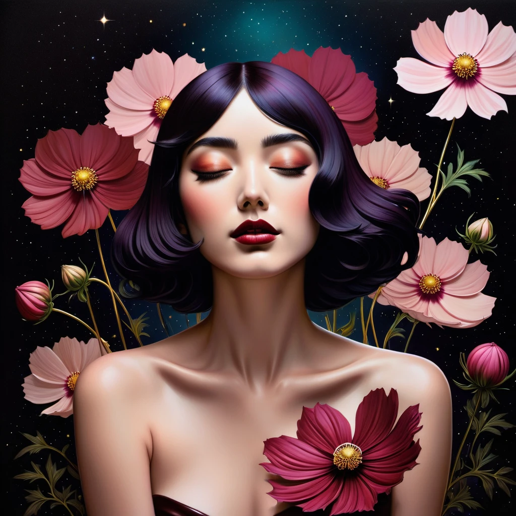 Chiaroscuro-Technik auf sinnliche Darstellung eines eleganten , Retro und Vintage ,Schokoladen-Kosmos (Kosmos atrosanguineus) um den Körper, Mattes Malen, by Hannah Dale, by Harumi Hironaka, extrem sanfte Farben, beschwingt, pastel, sehr detailliert, digitales Kunstwerk, Hoher Kontrast, dramatisch, raffiniert, tonal, Goldener Schnitt,