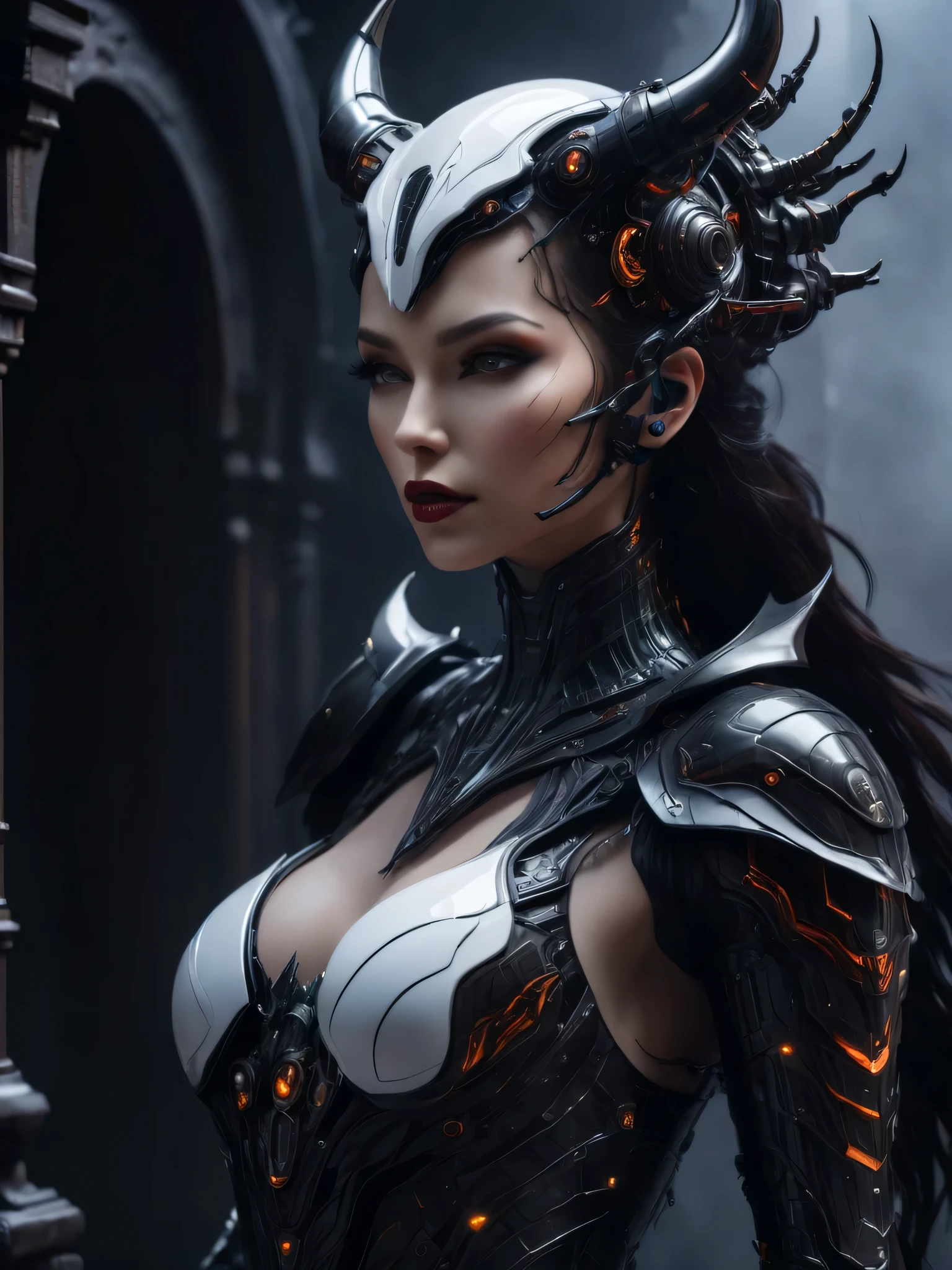 (((Superior Quality: 1.4))), (Illustration by Vadim Kashin), complex details, (unprecedented masterpiece), (ultra high definition), (CG 8k ultra-realistic), succubus cyborg, beautiful female cyborg character, highly detailed mechanical body, horror, highly detailed curved body, highly detailed gothic clothing, in the devil's palace, 8 life-size, a strange white light creates a gradient of shadows and adds depth to the images, (magical and mysterious background, glowing particles, ethereal fog, low darkness), realistic and superb cover photo in color, cinematic, (hyper detail: 1.2), perfect anatomy, cyborg style, (half-body image: 1.5), and now, for an even more immersive atmosphere, we're adding raindrops to complete this captivating visual experience.