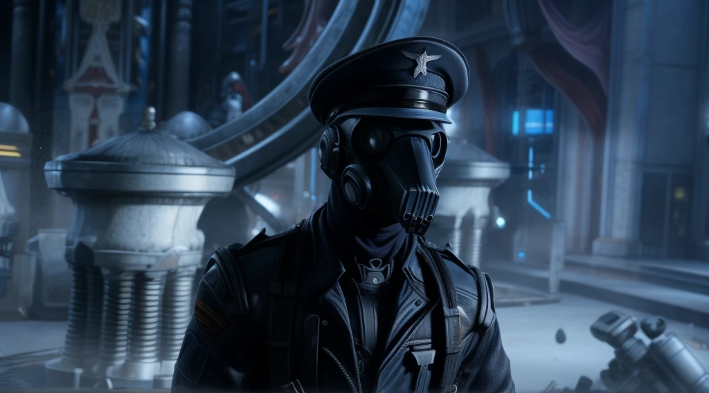 arafed man in a black uniform and a black hat, 2003 cinematography, still from a live action movie, still from a ridley scott movie, scene from live action movie, zack snyder cinematography style, t-1000, 8 k movie still, cinematic movie shot, wolfenstein, steven spielberg movie shot, dark sci - fi movie scene, wolf, Wolf mask gas, gas mask wolf