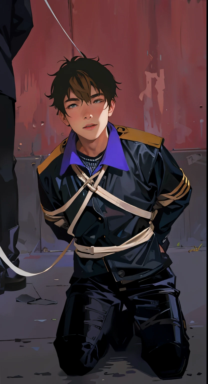 Anime boy in uniform tied up with a sword and a man in a suit - SeaArt AI