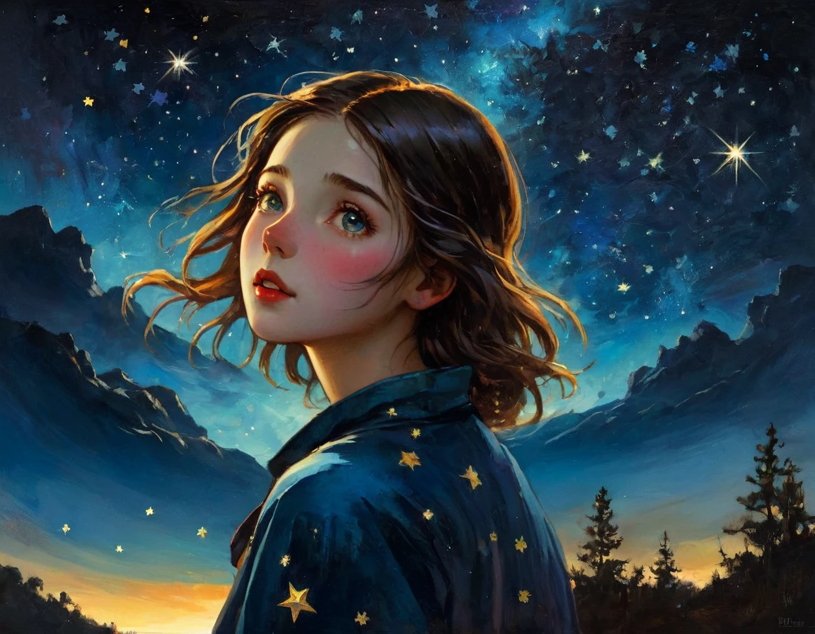 chiaroscuro technique on sensual illustration of an A girl standing under a night sky filled with shooting stars of good fortune. The scene is depicted in the style of an oil painting, with vibrant colors and rich textures. The girl has a dreamy expression and her eyes are beautifully detailed, with long eyelashes. The focus is on the girl's face, which has photorealistic features - detailed eyes, nose, and lips. Her hair flows freely, adding movement to the scene. The overall atmosphere is magical and mysterious, with a touch of whimsy. The background is an abstract portrayal of a female figure, blending seamlessly with the shooting stars. The lighting is ethereal, with a soft glow illuminating the girl and the surrounding stars. The artwork is of the best quality, with high-resolution details and vibrant colors. The medium used is an oil painting technique, creating depth and texture. The overall composition is a masterpiece, capturing the viewer's attention and evoking a sense of wonder.