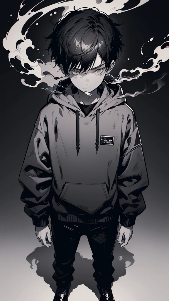 1 boy, (super detailed, high res, super detailed, top quality, awesome, top quality, very detailed CG Unity 8k), cool boy, full body, looking away, POV, not looking at viewer, (smoking), (cigarette in mouth,) boy wearing oversize simple hoodie, cool, stylish, ((monochrome)),