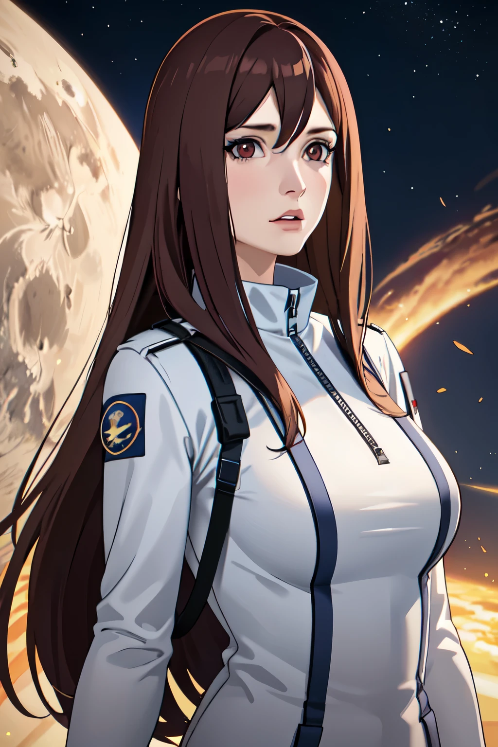 1 adult woman, 29 years old, straight hair, brown hair, red eyes,Looking at the viewer, astronaut uniform, standing in the park, big breasts,half body photo