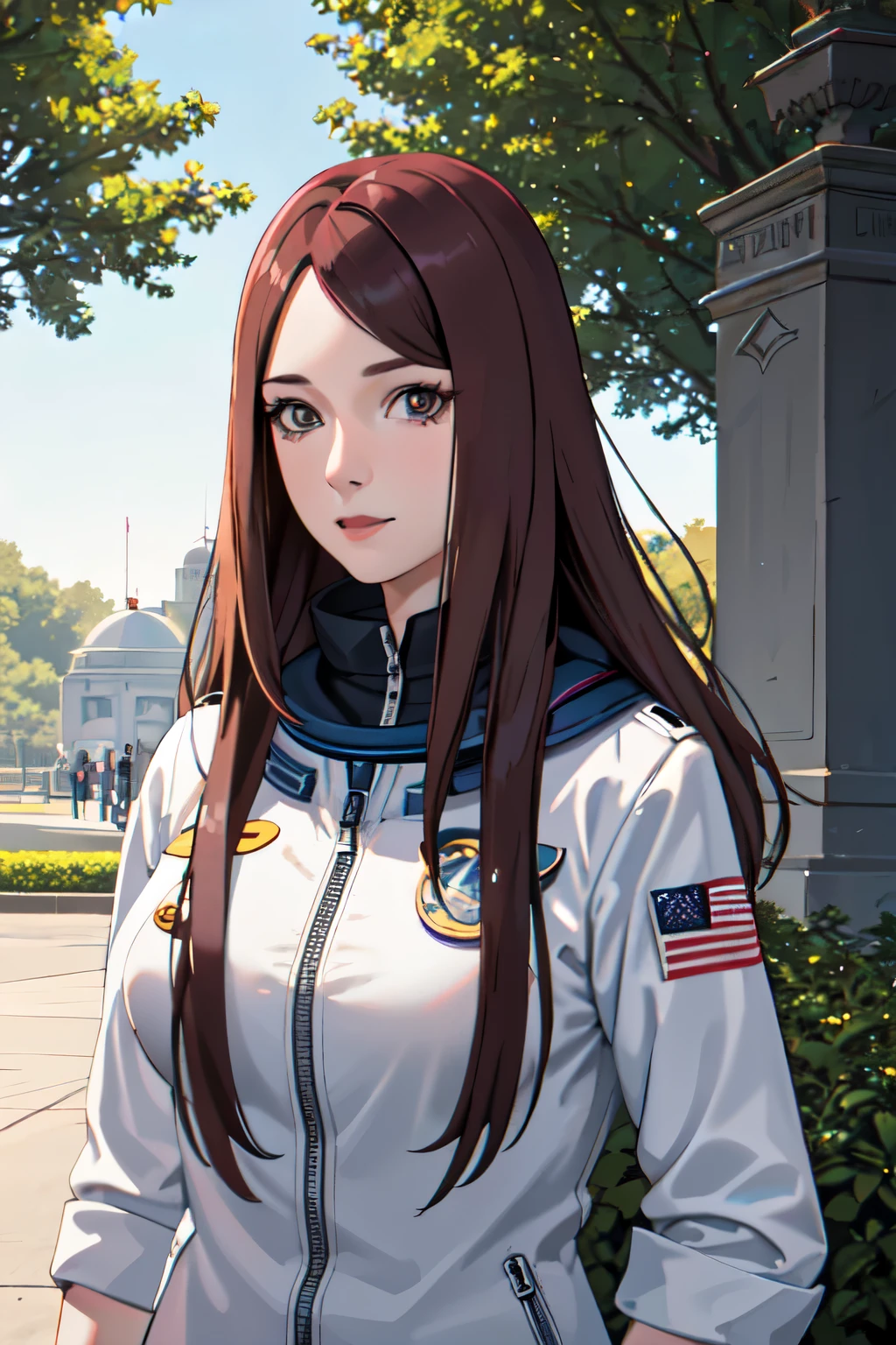 1 adult woman, 2, straight hair, brown hair, red eyes,Looking at the viewer, astronaut uniform,slight smile, standing in the park, big breasts,half body photo