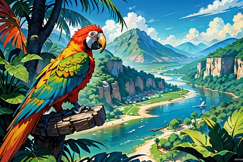 colombian, wild, jungle, anime, wallpaper, plants, mountains, river, half macaw, wings, feathers, parrots, macaws, landscape, ju...