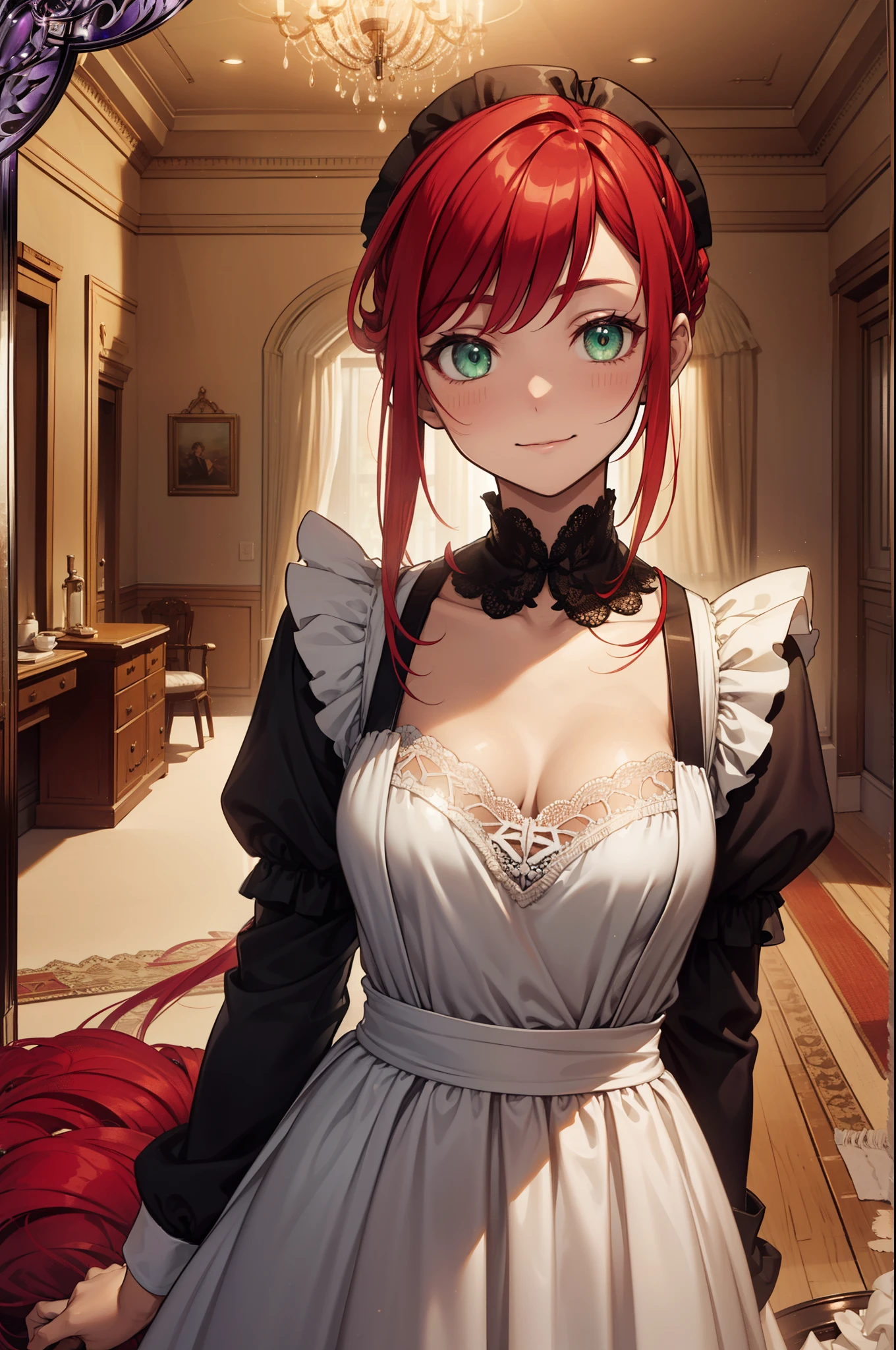 (Best quality, A high resolution, Textured skin, High quality, High details, High details,Extremely detailed CG unity), Enchanted，having fun，Being in love，housekeeper in fantasy world, crimson red hair, green eyes, exquisite costumes，solo person，long elegant dress, A small amount of lace，Dazzle, woman, beautiful, (maid), (house keeper), (in grand home), (luxurious house), house keeper female, more details, detailed home scene, home detailed, cleaning, maid cleaning