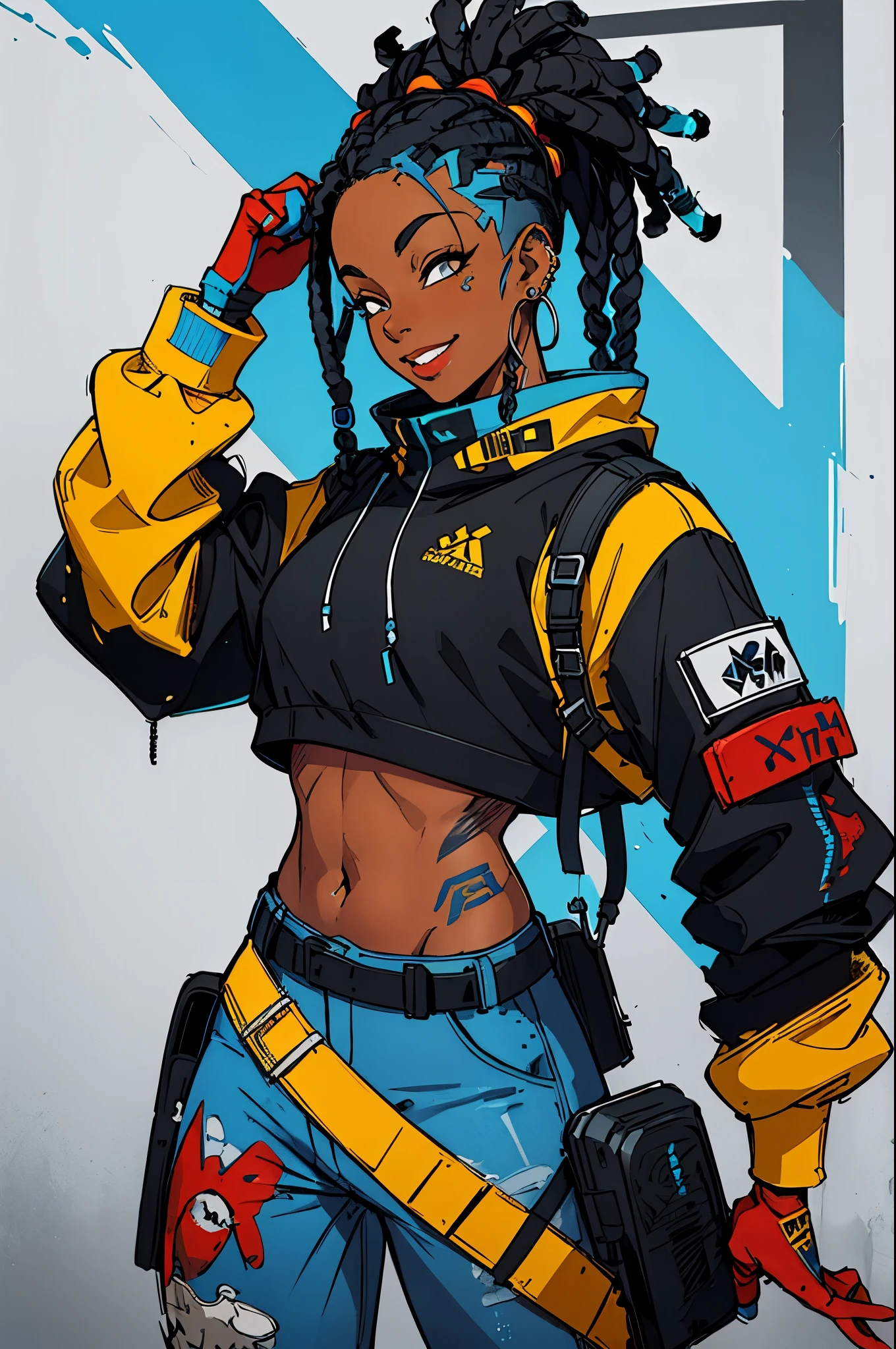 a black girl graffiti artist, headphones on ear, DJ, Music, Black and blue hair dreads, apex legends, cyberpunk character design, ,music (urban, red, yellow, blue clothing), snap back hat,  vigilante, backpack, hip-hop, crop top, headphones on ear, spray paint cans accessories, music, sexy, tight clothing smiling, fit, blue piercings,  (red, yellow, blue clothing) ( Masterpiece) ( Best Quality)