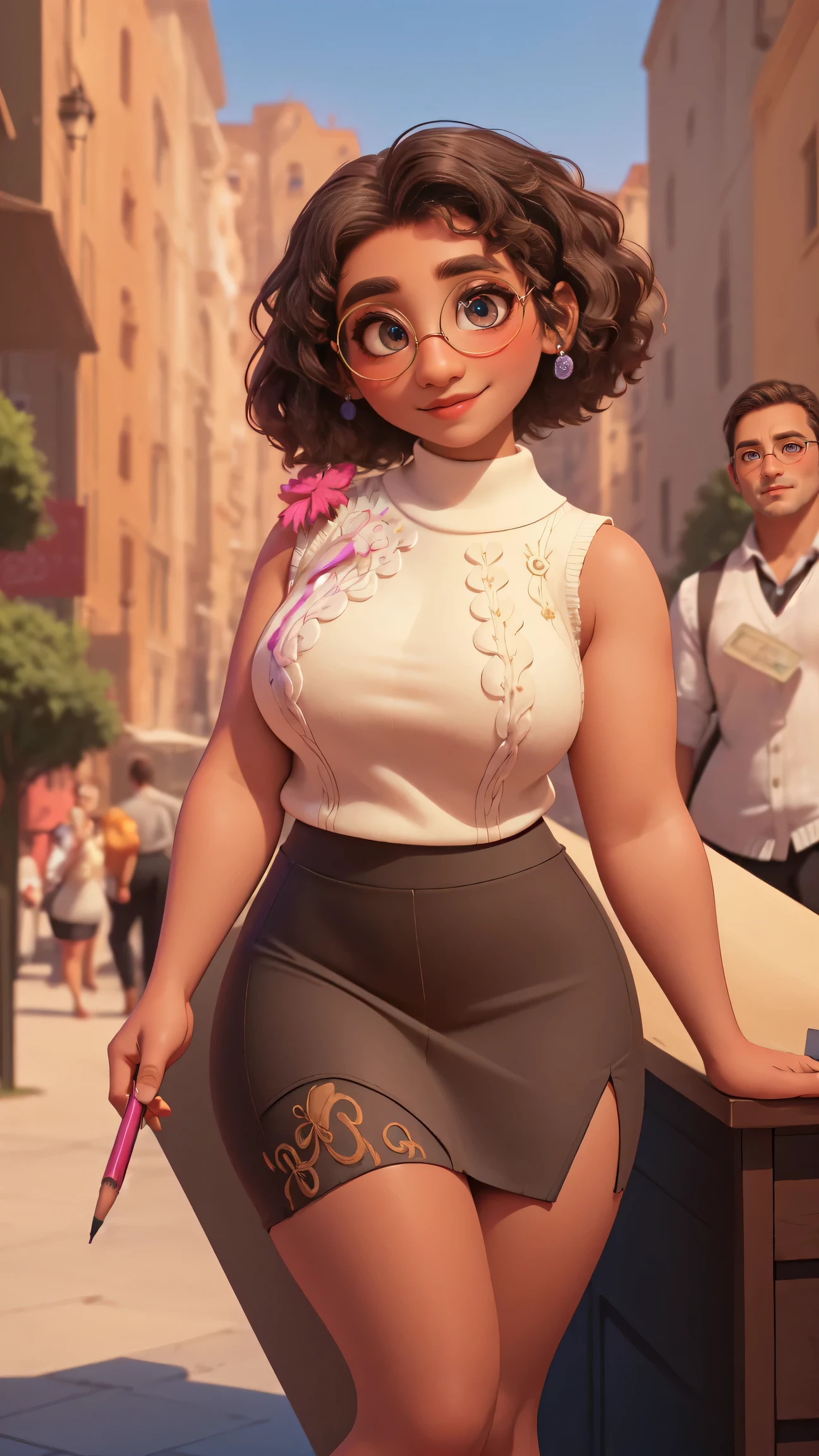 mirabel madrigal,  glasses, smile, ((sleeveless sweater)), market background, (((pencil skirt))), (((brown skin))), detailed skin, perfect legs, perfect thighs, (((curvy body))), BIG BREASTS, INVITING TO SEX