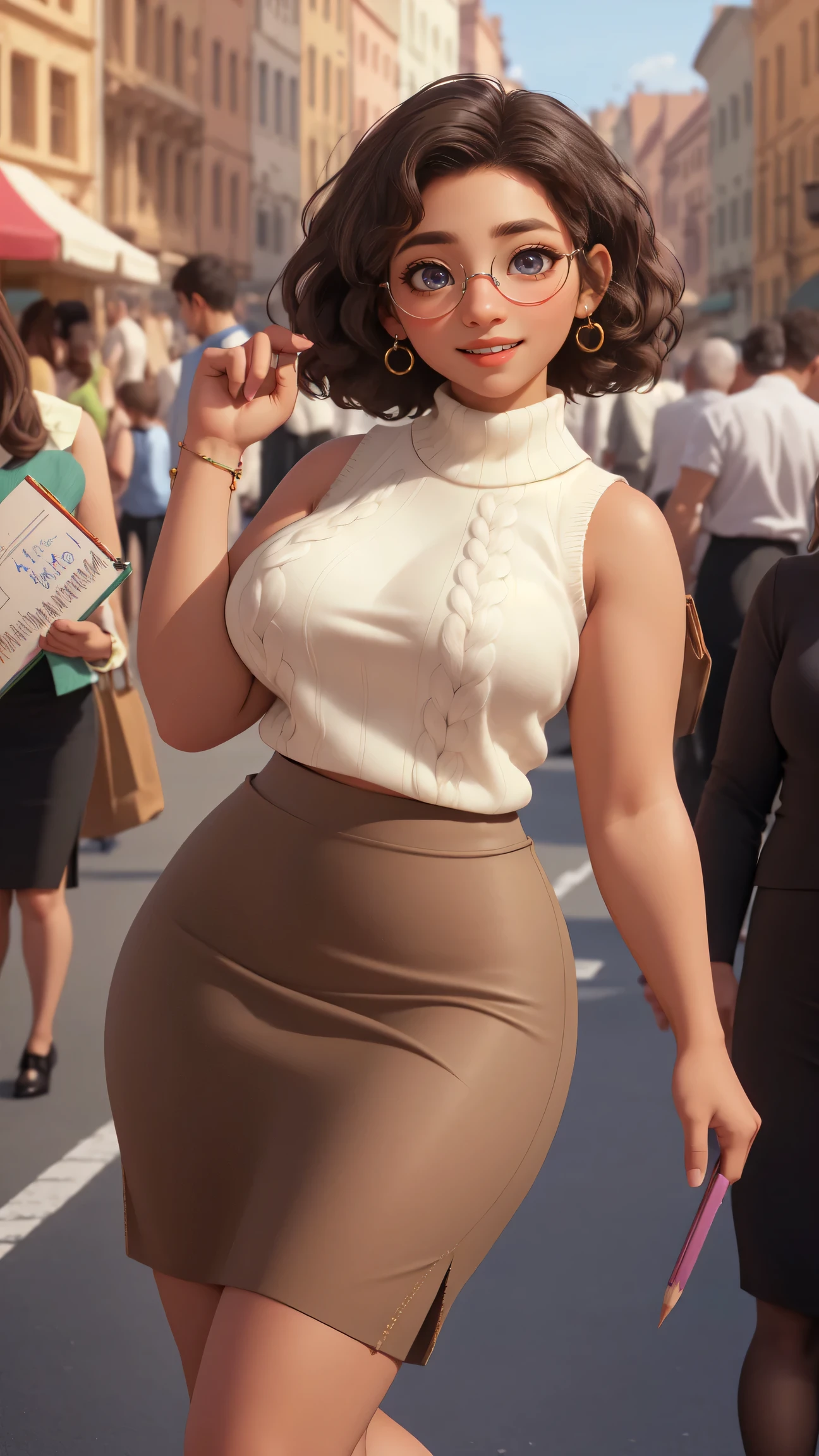 mirabel madrigal,  glasses, smile, ((sleeveless sweater)), market background, (((pencil skirt))), (((brown skin))), detailed skin, perfect legs, perfect thighs, (((curvy body))), BIG BREASTS, INVITING TO SEX