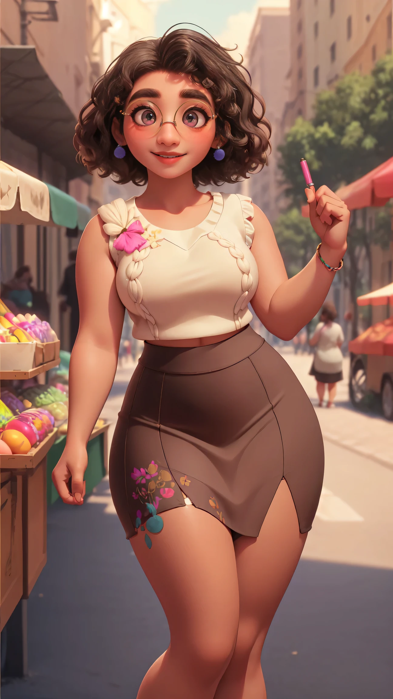 mirabel madrigal,  glasses, smile, ((sleeveless sweater)), market background, (((pencil skirt))), (((brown skin))), detailed skin, perfect legs, perfect thighs, (((curvy body)))