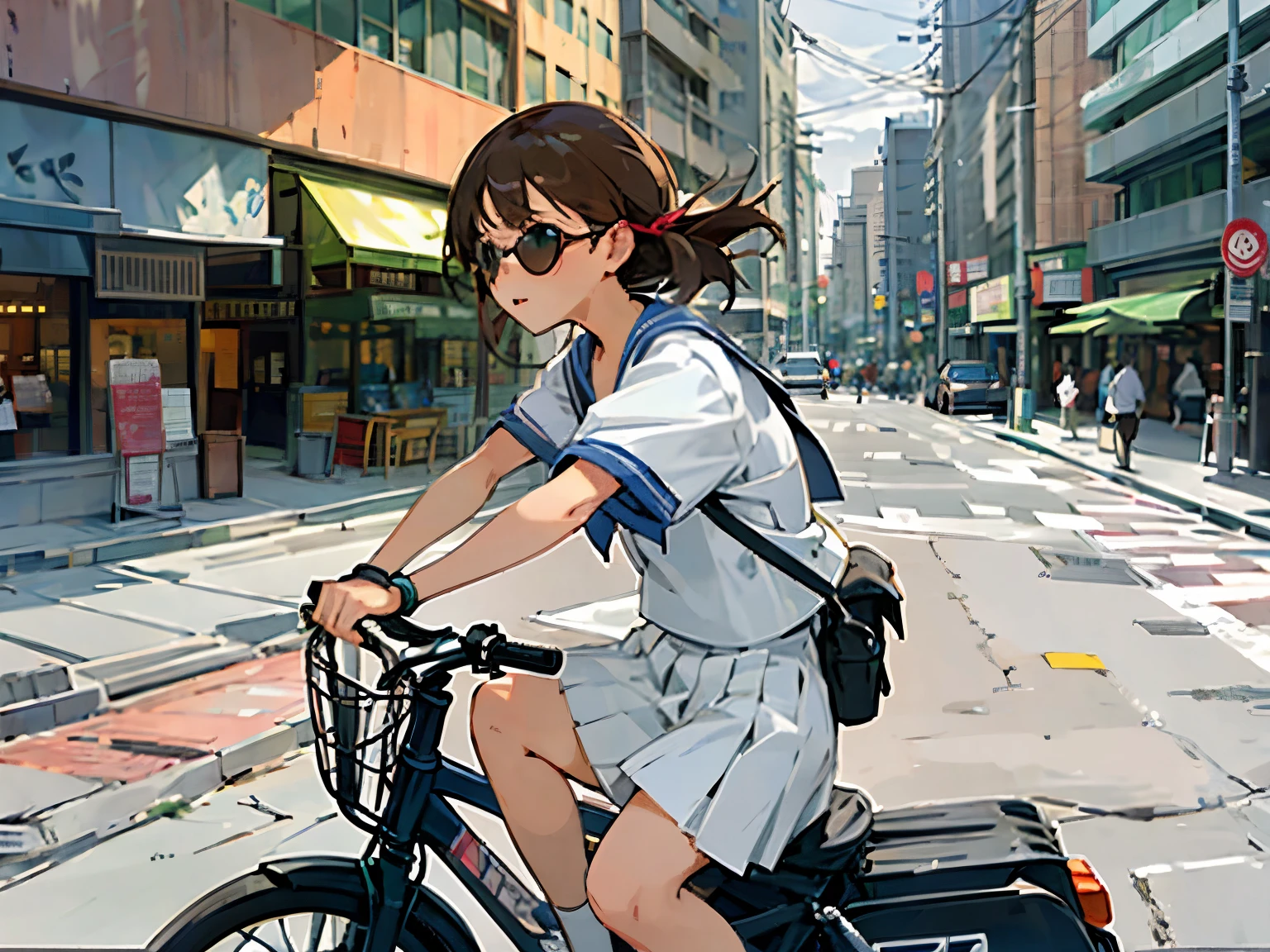 In a busy downtown area at night, while passersby are bustling about, a middle school girl in a sailor uniform is riding in a foreign car driven by a man wearing sunglasses and an Hawaiian shirt, sticking her head out of the passenger seat and looking out at the street.