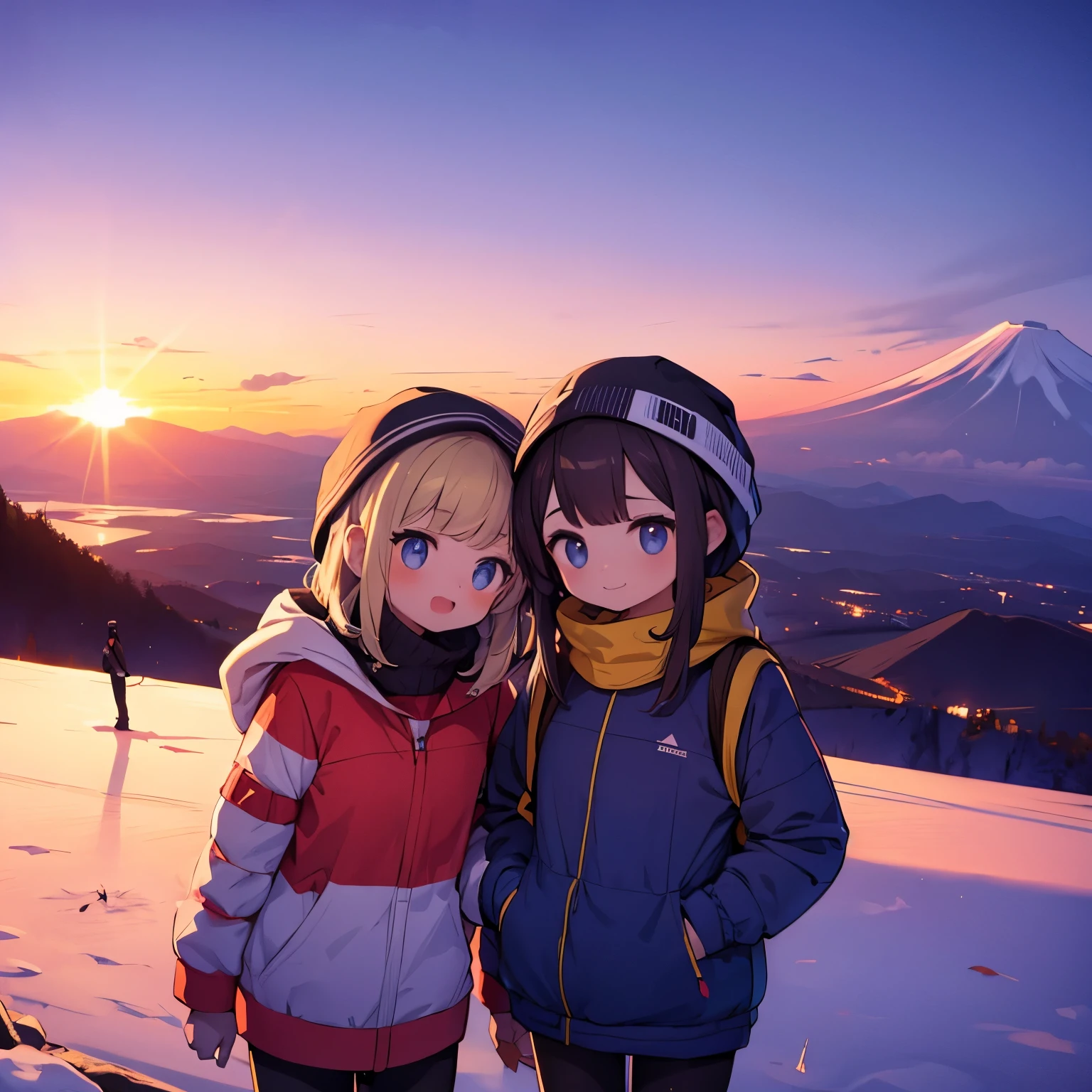 傑作,二人のかわいい女の子,山頂. 富士山,登山用ウェア、日の出