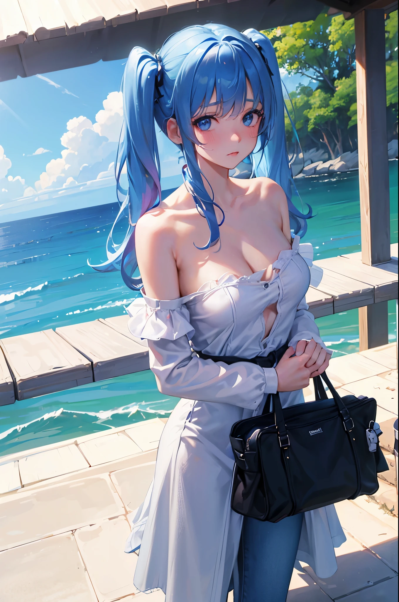 (1girl solo:1.2), cowboy shot (dutch angle from above:1.2), looking at viewer, pov,
(walking on stairs:1.2) in train station platform, railing, white t-shirt, jeans, shoulder bag strap between breasts paisura, ８K, highest quality, masterpiece, super detailed、bright blue hair、medium long hair、twin tails、young face、17 years old、full lips、Pale blue eyes、、blush、lipstick、medium breasts、perfect hands、detailed hands,, loose clothes, blush, sweatdrop, pumps, ８K, highest quality, masterpiece, super detailed、bright blue hair、medium long hair、twin tails、young face、、full lips、Pale blue eyes、、blush、lipstick、medium breasts、perfect hands、detailed hands,shoulder bag strap between breasts paisura、shoulder bag strap between breasts paisura