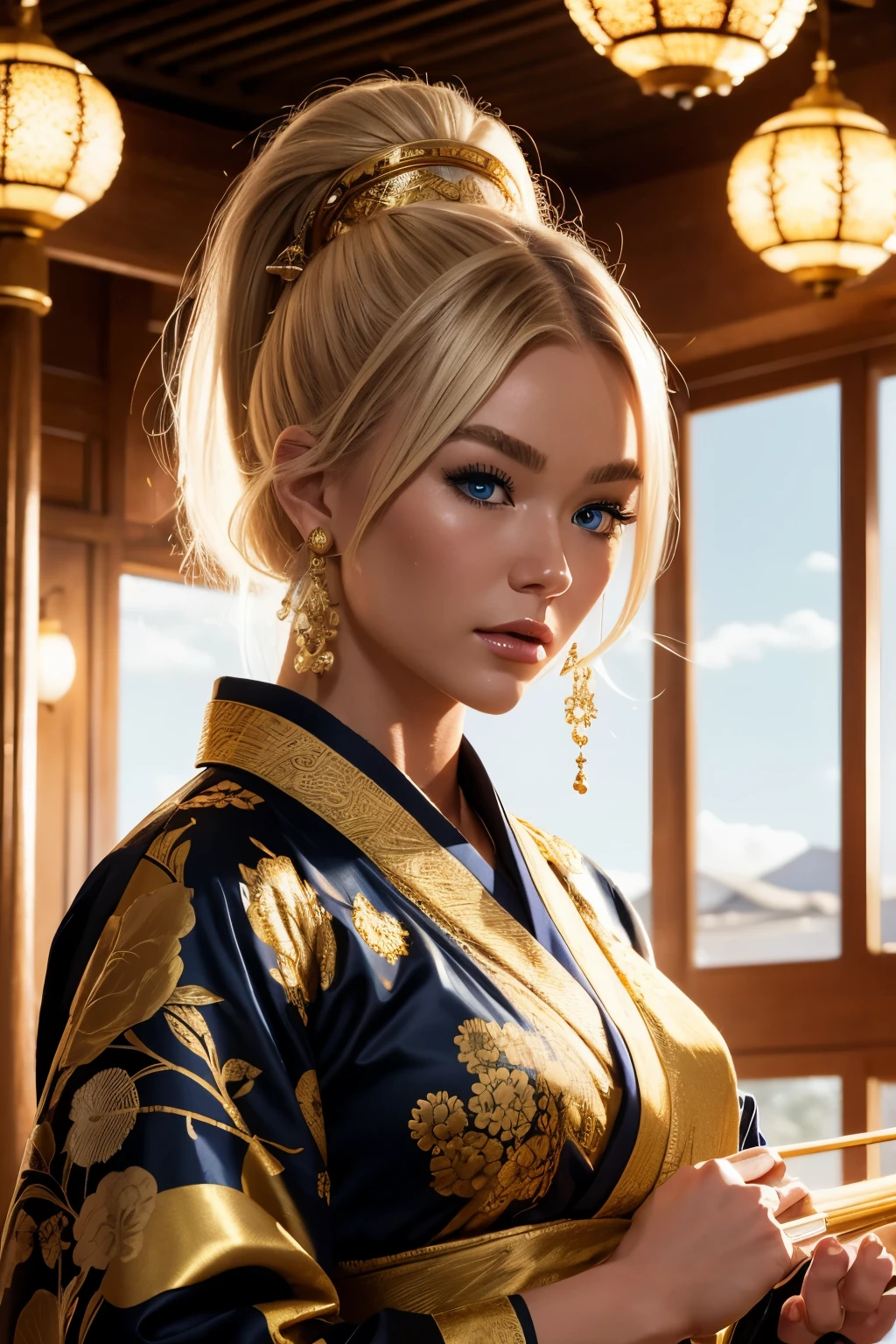 Causasian blonde woman, elegantly dressed in a vibrant, hyperrealistic black and gold silk kimono adorned with glittering gold folklore patterns, sits serenely in a dojo. Gold string curtains veil the background, cascading gracefully. She skillfully plays the drums with an intense focus, her blonde hair swept back, framing her delicate features. Her expressive blue eyes shine brightly under cinematic lighting, captivating the viewer's attention. The unreal engine rendered image showcases every intricate detail of the woman's intricately designed kimono and the mesmerizing dojo setting. The 32k,
