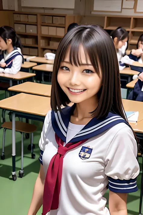 Arafe Asian woman in sailor suit smiling for a photo in a classroom, wearing japanese , seifuku, shinkai makoto, iwakura lain,ru...