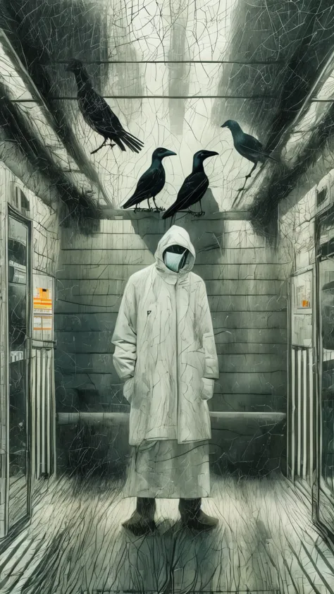 surrealism, Faceless shadow, wearing white protective clothing, There are crows flying. left the subway.