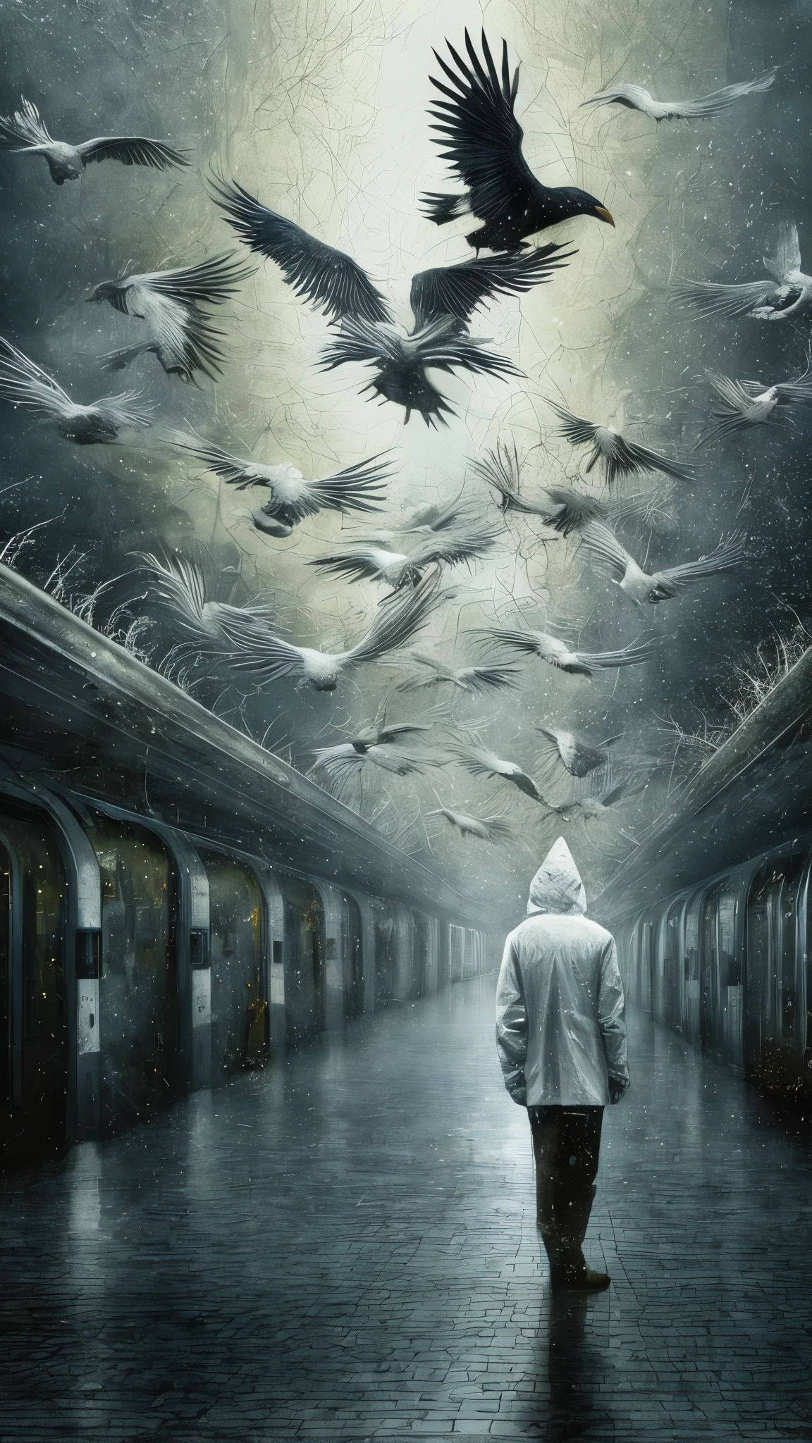 (best quality,4k,highres,masterpiece:1.2),ultra-detailed,(realistic,photo-realistic:1.37),surrealism,faceless shadow,wearing white protective clothing,crows flying,left the subway,illustration,dream-like,ethereal,surreal atmosphere,dark and mysterious,gloomy lighting,long dark shadows,subway station,empty platform,deserted surroundings,lone figure,foggy air,unreal proportions,uncanny feeling,menacing presence,birds swirling,ominous ambiance,engulfed in darkness,lost in time and space,distorted reality,otherworldly experience,unsettling sense of isolation,spectral and haunting,transcendent dimensions,parallel universe,unexplained phenomena,mysterious journey,lucid dream,illusionary realm,surrealistic concept,disrupted perception,colorful dreamscape,erased facial features,minimalistic yet powerful imagery,blurry contours,metaphysical interpretation,various shades of white,sharp contrast,hint of danger and intrigue,unseen menace,notions of anonymity,imposing ambiguity,subtle terror,engrossing and thought-provoking composition,whimsical elements,fascinating narrative,uncertainty and wonder.