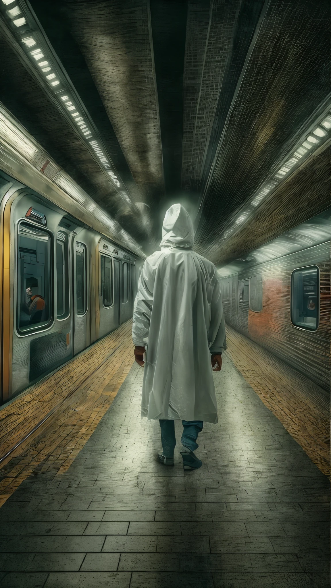 (best quality,4k,highres,masterpiece:1.2),ultra-detailed,(realistic,photo-realistic:1.37),surrealism,faceless shadow,wearing white protective clothing,crows flying,left the subway,illustration,dream-like,ethereal,surreal atmosphere,dark and mysterious,gloomy lighting,long dark shadows,subway station,empty platform,deserted surroundings,lone figure,foggy air,unreal proportions,uncanny feeling,menacing presence,birds swirling,ominous ambiance,engulfed in darkness,lost in time and space,distorted reality,otherworldly experience,unsettling sense of isolation,spectral and haunting,transcendent dimensions,parallel universe,unexplained phenomena,mysterious journey,lucid dream,illusionary realm,surrealistic concept,disrupted perception,colorful dreamscape,erased facial features,minimalistic yet powerful imagery,blurry contours,metaphysical interpretation,various shades of white,sharp contrast,hint of danger and intrigue,unseen menace,notions of anonymity,imposing ambiguity,subtle terror,engrossing and thought-provoking composition,whimsical elements,fascinating narrative,uncertainty and wonder.