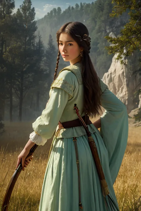 high quality, 8k ultra hd. this ethereal illustration features a beautiful kyrgyz archer girl in a pale green mist. john singer ...