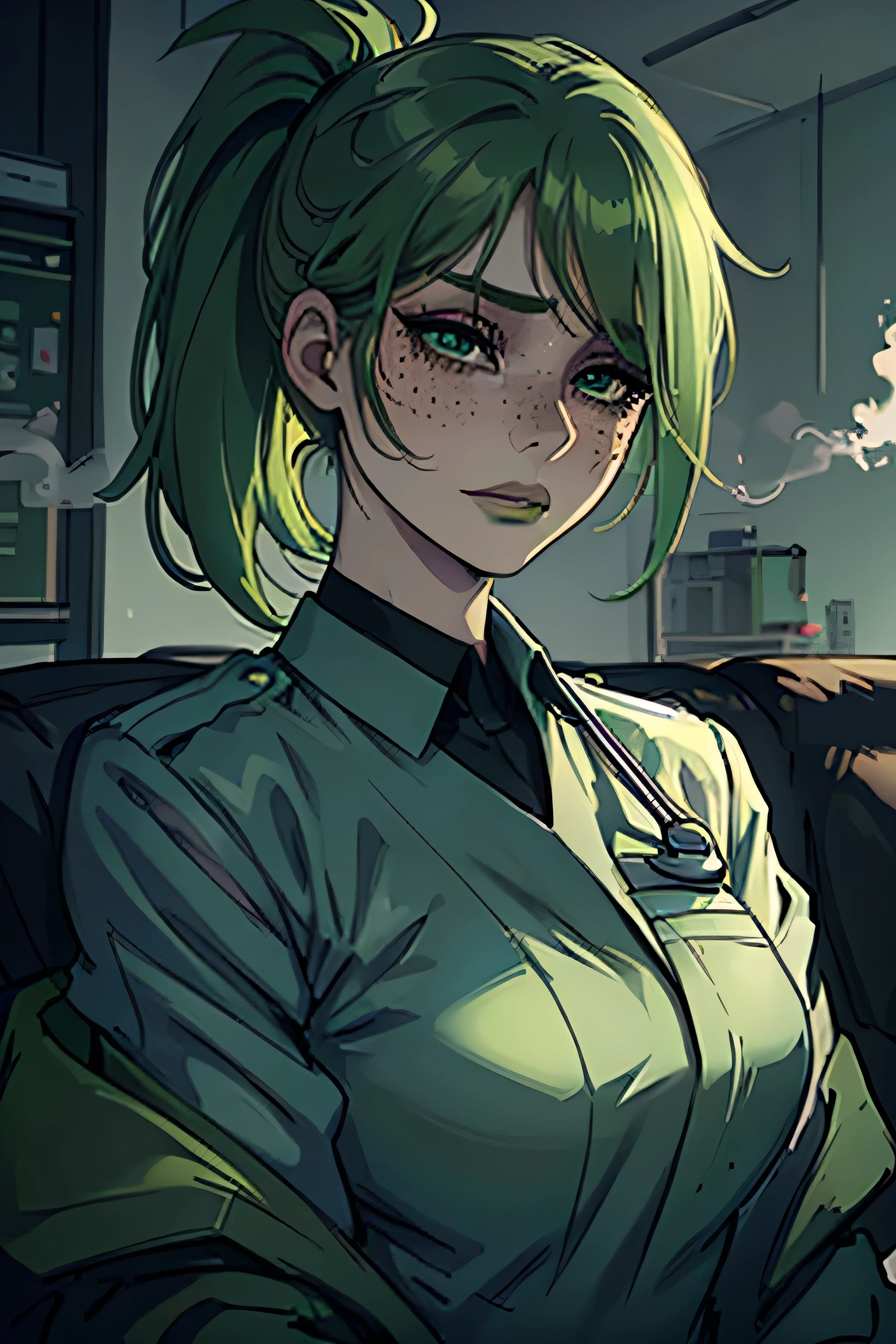 Masterpiece, best quality, centered in frame, portrait, female, pale skin, stressed expression, busty, exhaling smoke, eye bags, stethoscope around neck, nervous, green lips, messy ponytail, bright green hair, couch landscape, green eyes, paramedic uniform, freckles, beautiful