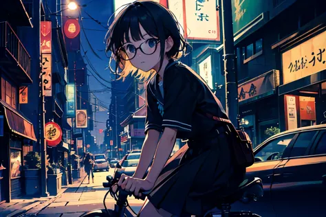 (at night),In a busy downtown area at night, while passersby are bustling about, a middle school girl in a sailor uniform is rid...