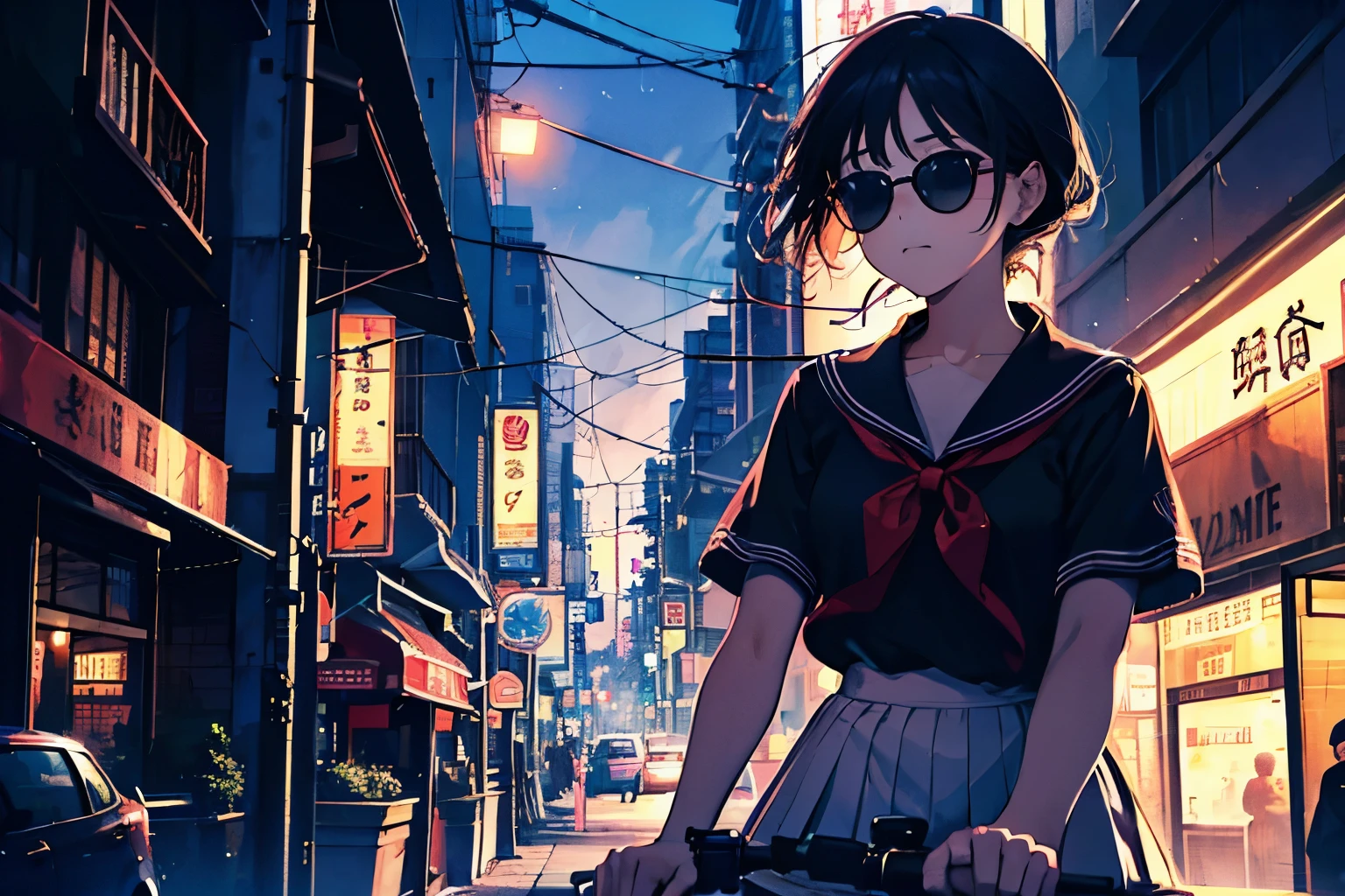 (at night),In a busy downtown area at night, while passersby are bustling about, a middle school girl in a sailor uniform is riding in a foreign car driven by a man wearing sunglasses and an Hawaiian shirt, sticking her head out of the passenger seat and looking out at the street. 