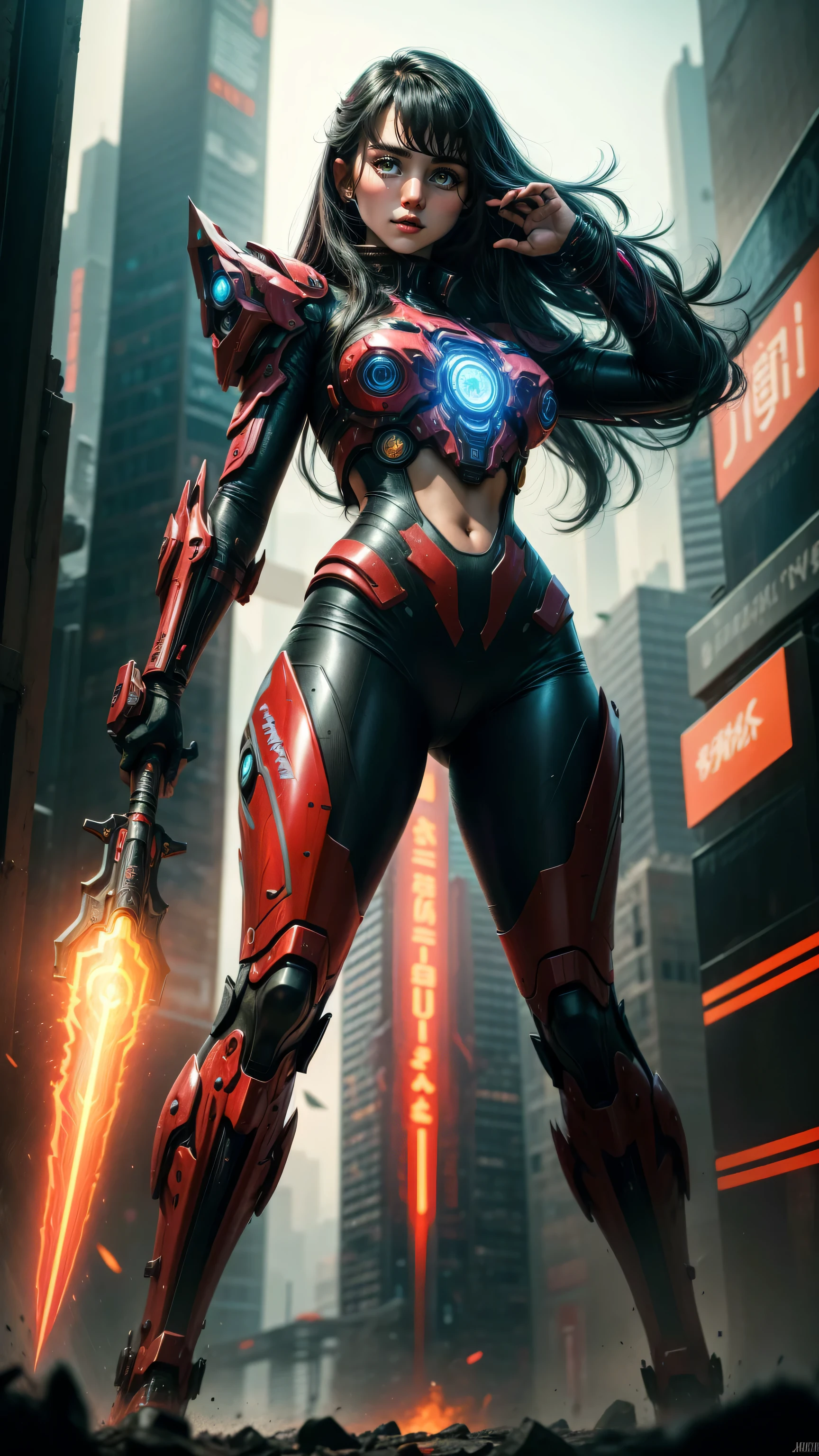 In the pulsating core of the cyberpunk metropolis, Jakarta, a strikingly ethereal Asian woman with a voluminous waterfall of ebony hair grabs attention in the vibrant, neon-lit crowd. Clad in a formidable, fiery-red mecha suit, she emanates tenacity and grit. The polished suit's surfaces mirror the technicolor cityscape, enhancing the enthralling lights and holograms that dart through the air. With her ornate, ceremonial blade gripped tightly in hand, this captivating mystery embodies perseverance and optimism amidst Jakarta's riotous, fut